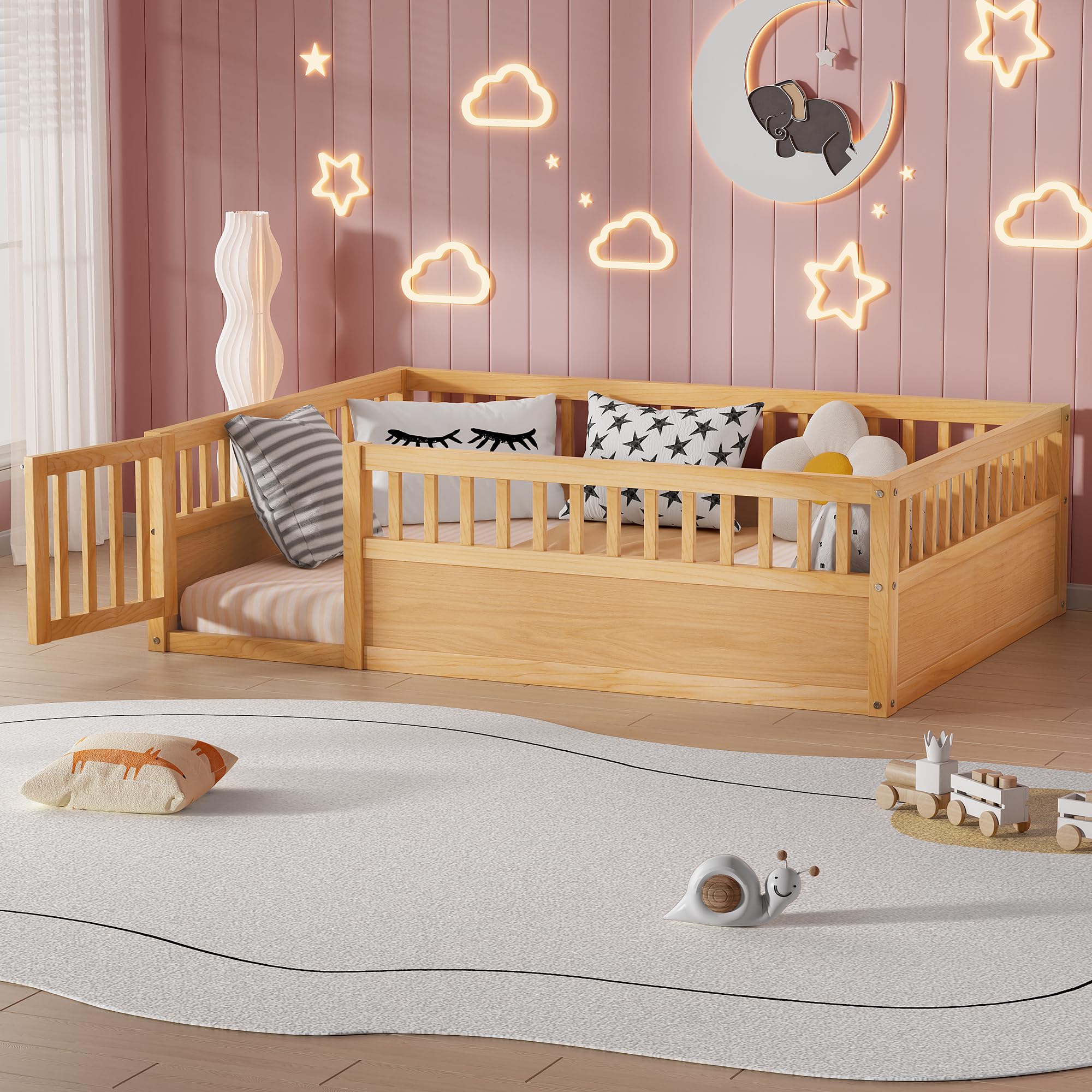 Full Size Floor Bed Frame with Convertible Door & Guardrails