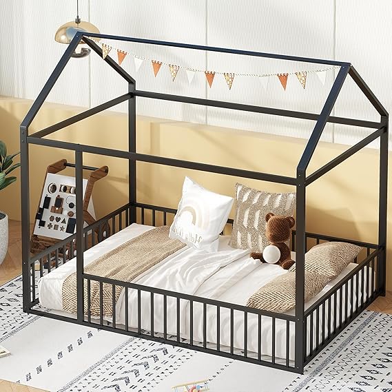 Twin Floor Bed Frame, Metal Montessori Floor Bed Twin with Fence for Boys