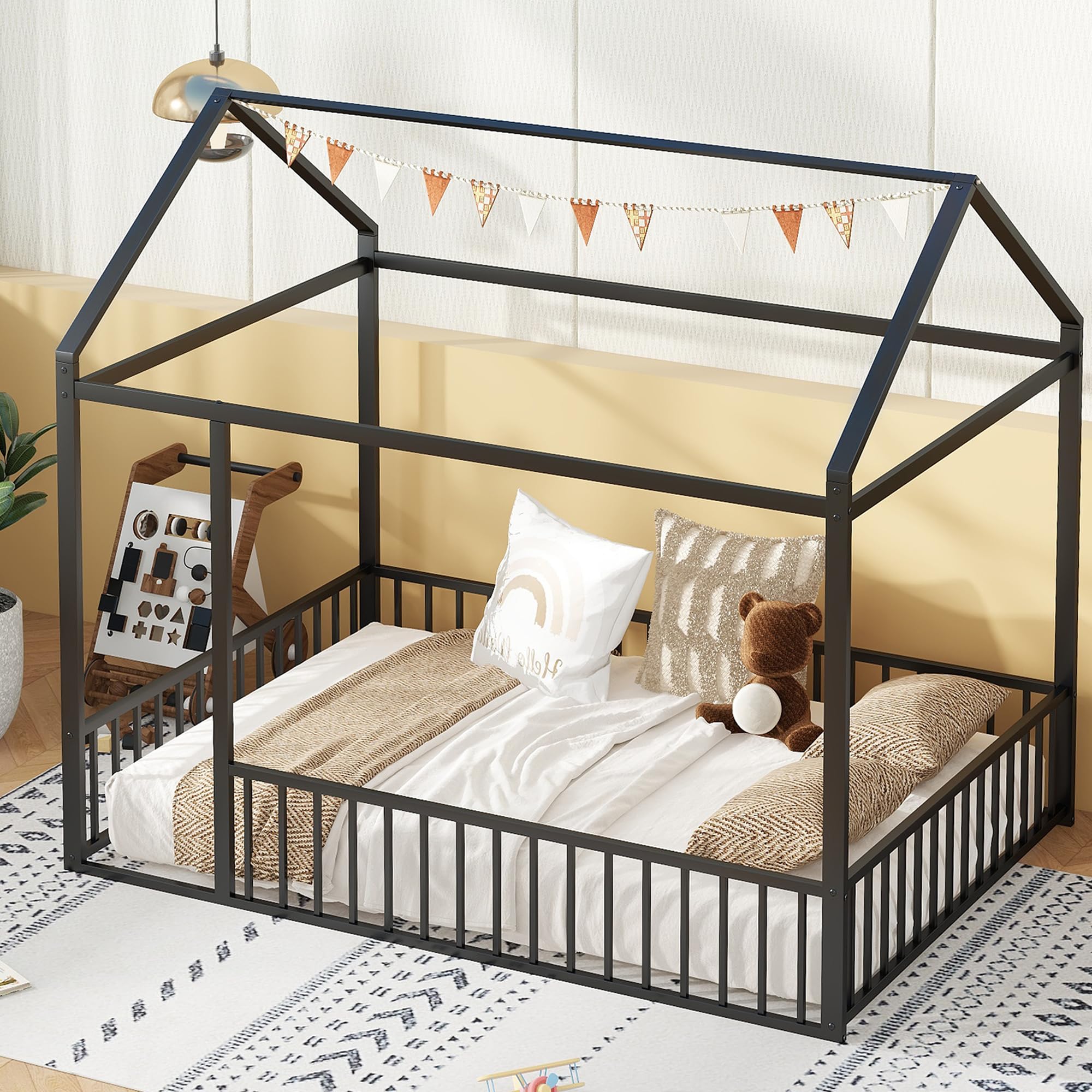 Twin Floor Bed Frame with Fence House Shaped Metal Montessori Bed
