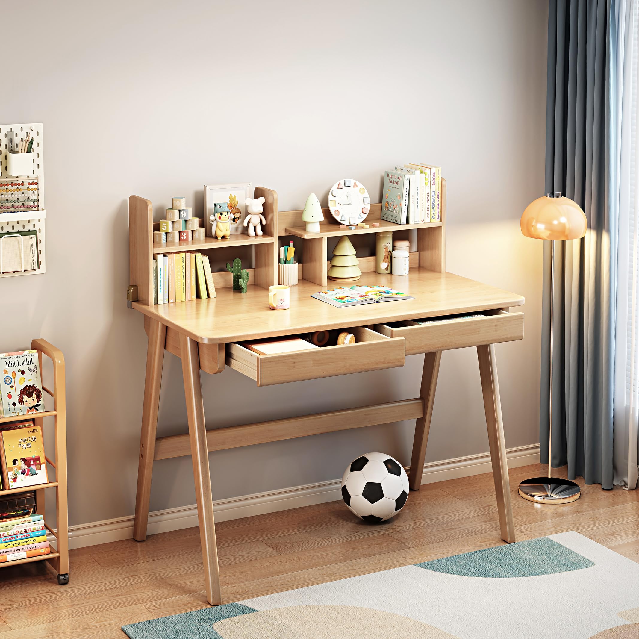 Rubber Wood Kids Study Desk with Bookshelf and Drawers