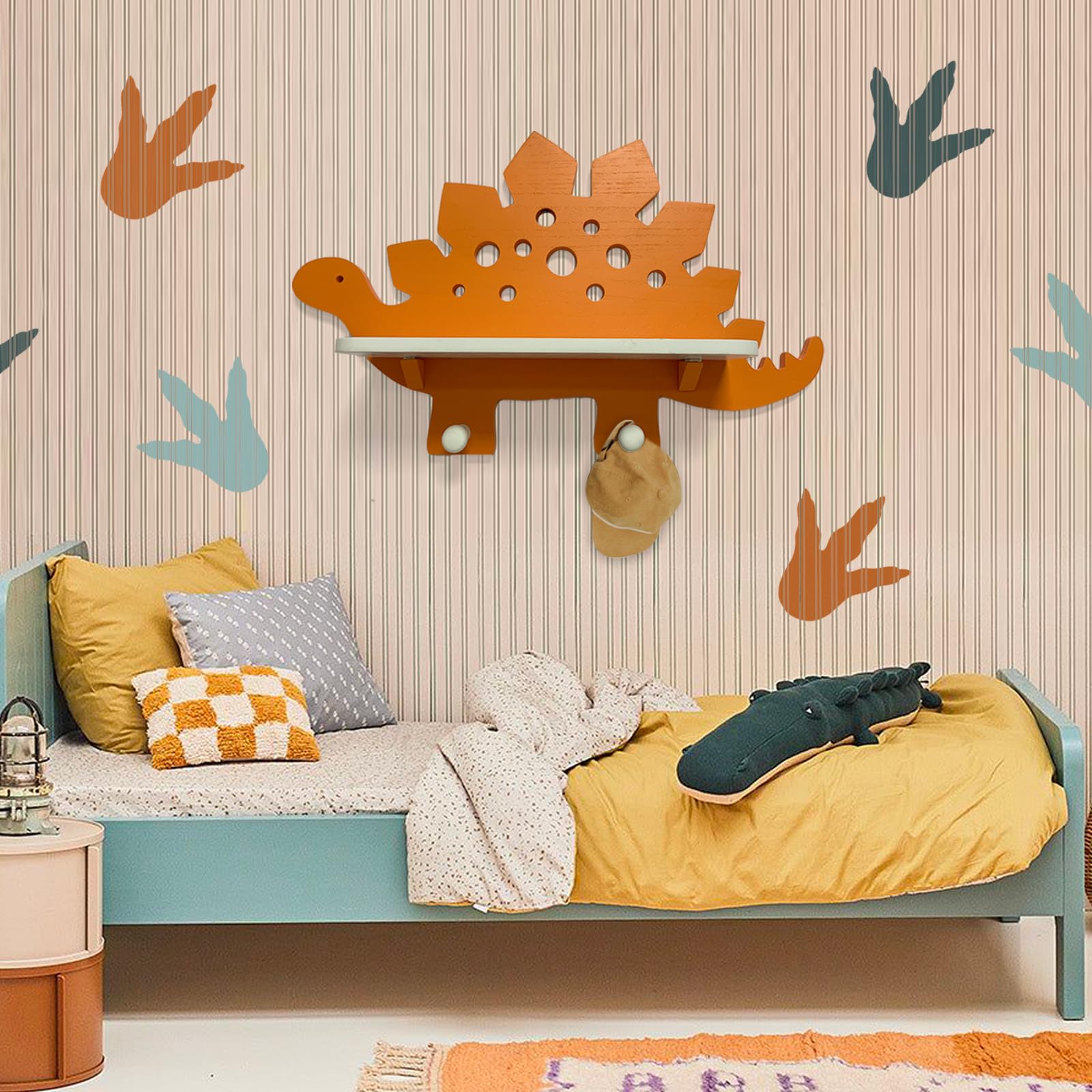 Dinosaur Wooden Wall Shelf Parlor Boudior Children's Decorative Orange Dinosaur Wall Shelf with Hanging Pegs