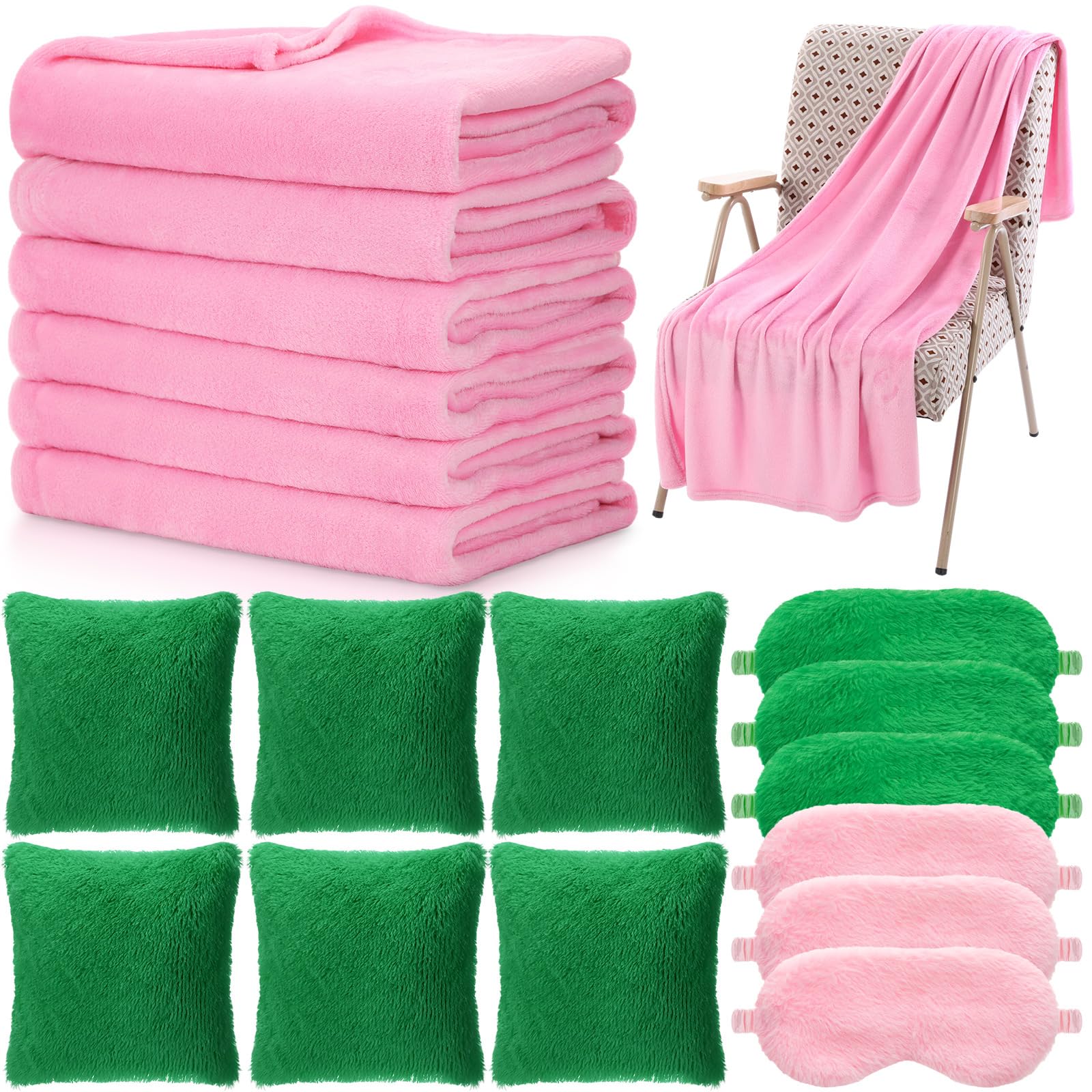 18 Pcs Pink and Green Sleepover Party Supplies Set 6 Pcs 39" x 59" Fleece Blanket
