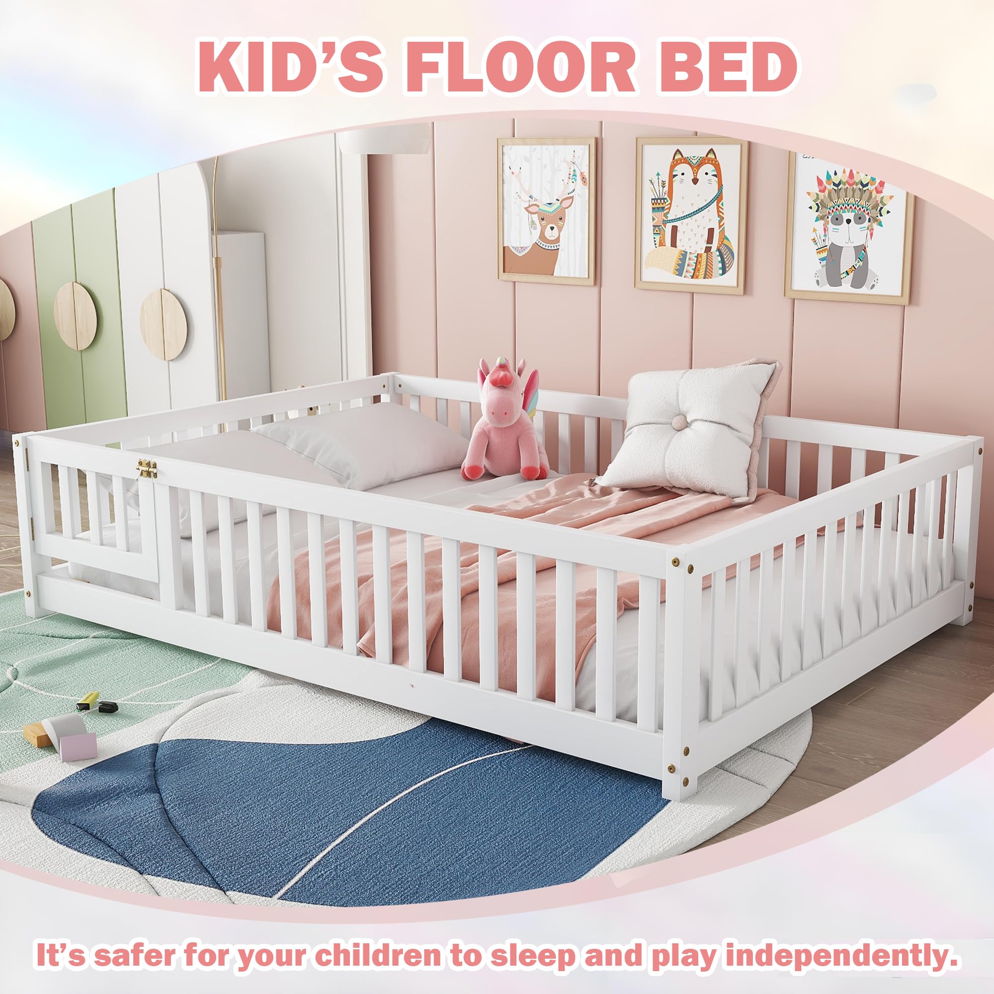 Full Size Montessori Floor Bed with Safety Fence