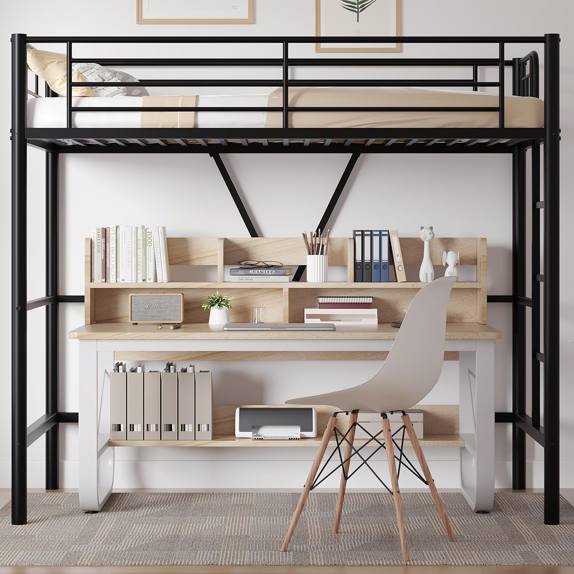 Twin Size Loft Bed with Full-Length Guardrails and Removable Ladder