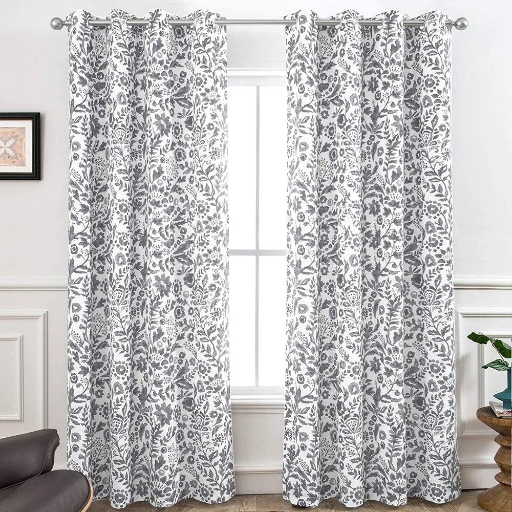 2 Piece Floral Curtain 52" W x 96" Length Navy White Darkening Blackout
