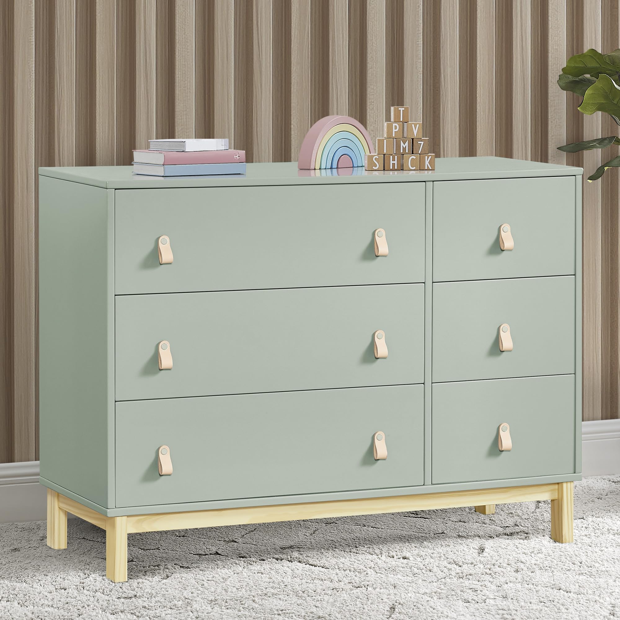 6 Drawer Dresser with Leather Pulls and Interlocking Drawers