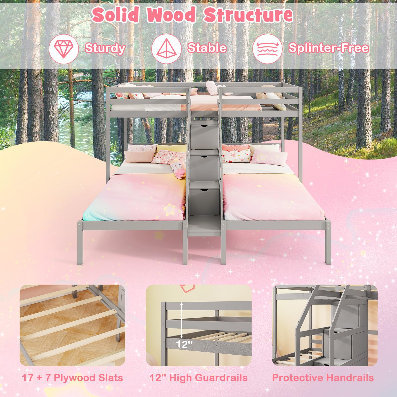 Triple Bunk Bed with Storage Staircase