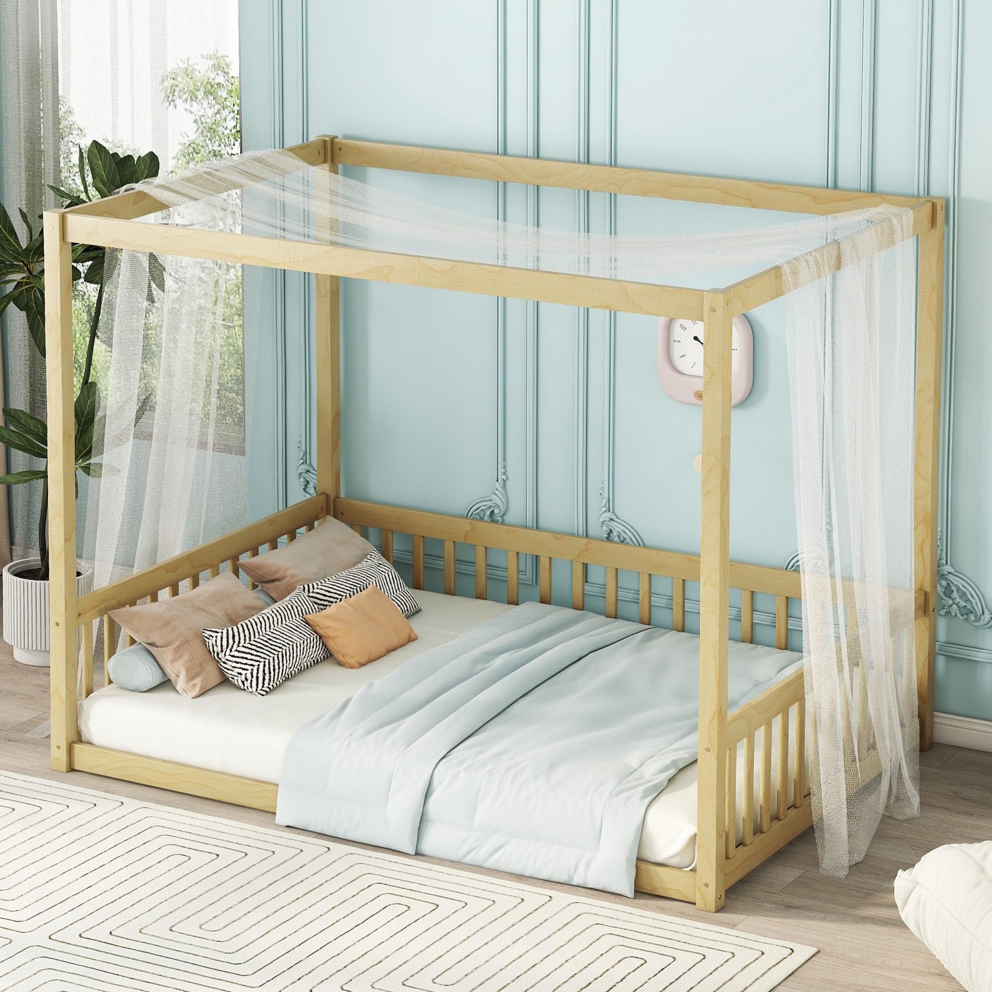 Full Size Canopy Bed Frame with Guardrails for Kids,Floor Bed Full