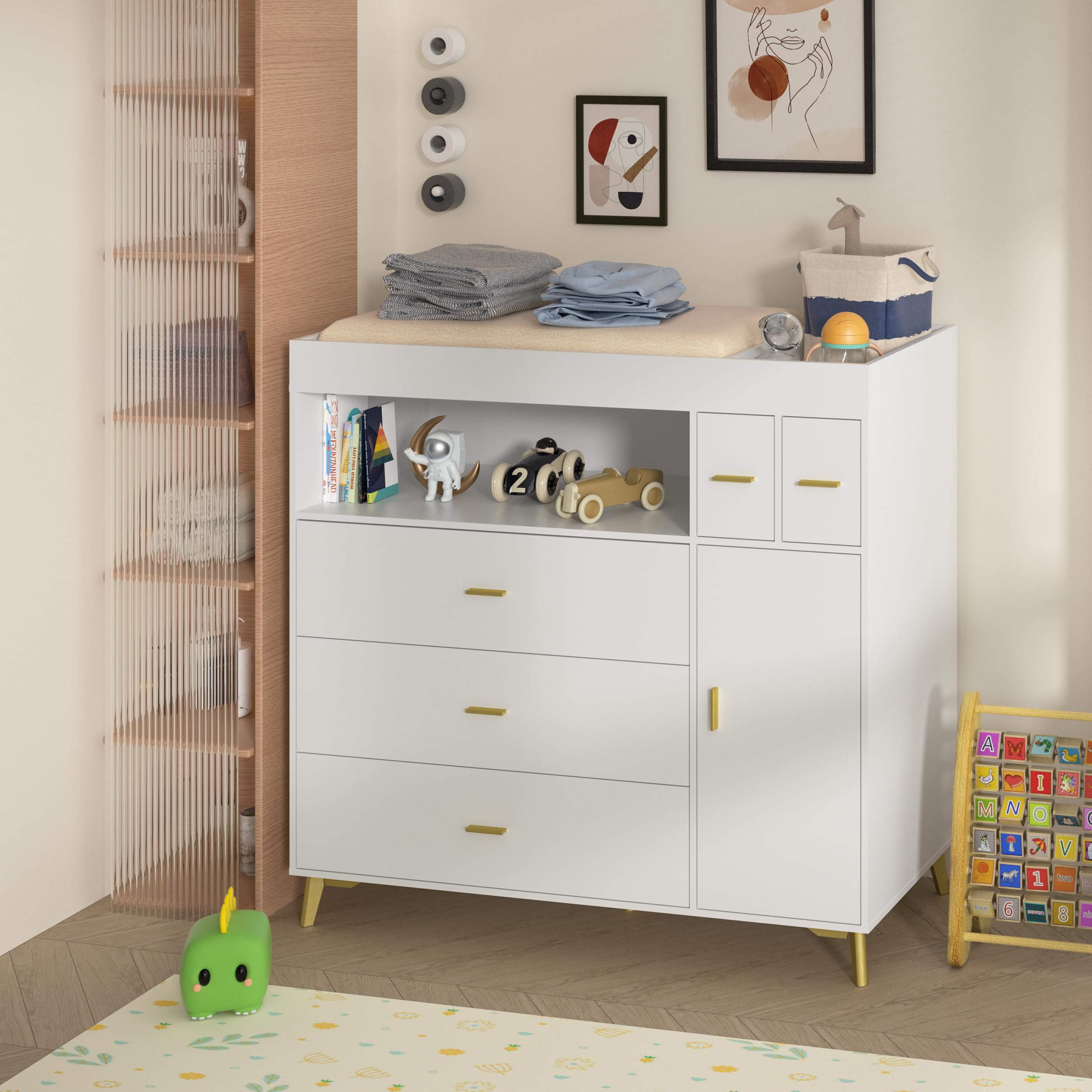 White Changing Table Dresser with 5 Drawers