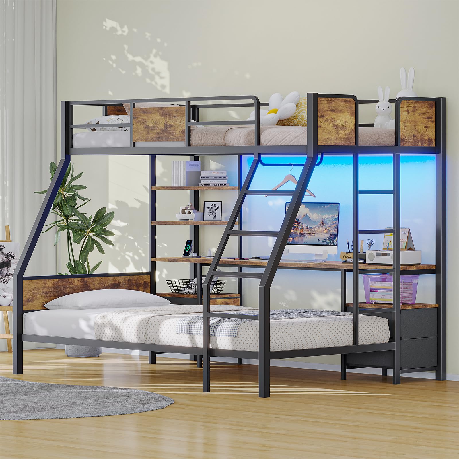 Bunk Bed Twin Over Twin,Bunk beds with 4 Fabric Drawers & 4 Shelves