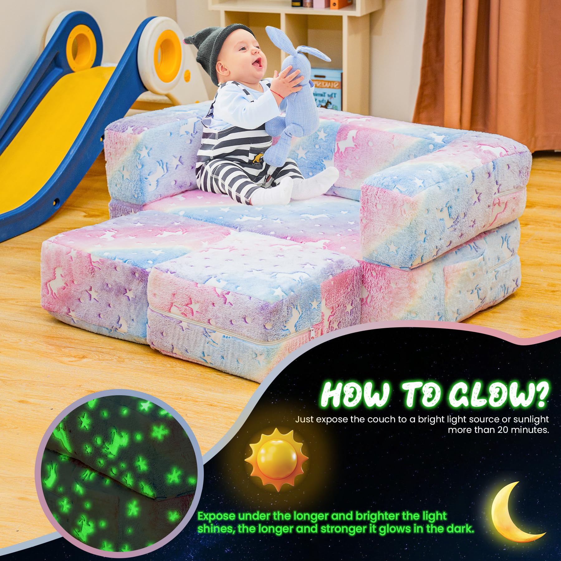 Lamerge Toddler Couch Glow in The Dark Toddler Fold Out Couch for playroom, Convertible Baby Fold Out Play Foam and Floor Cushion for Bedroom (Rainbow+Unicorn)