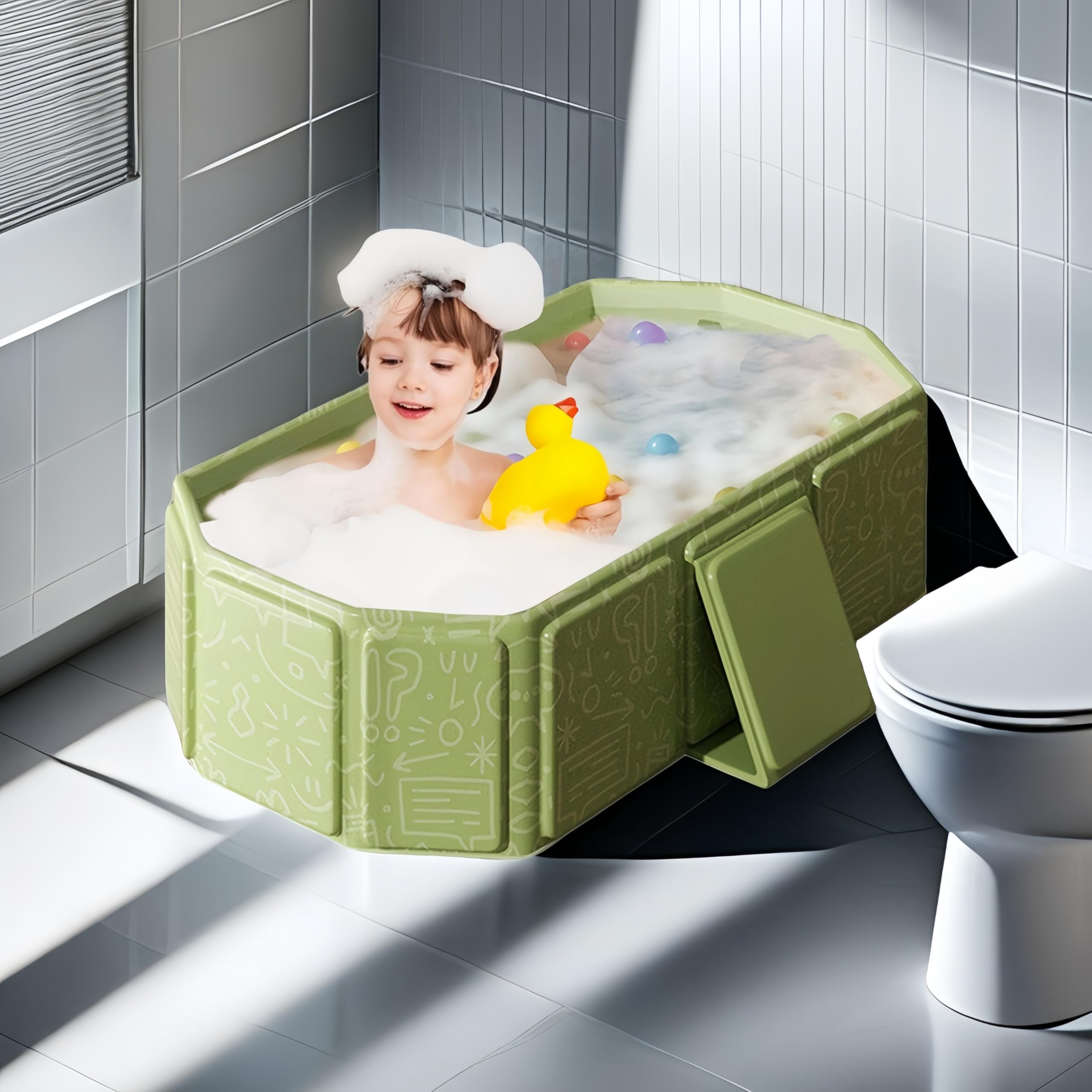 Foldable Bathtub for Kids, Toddler Bath Tub with Drain Plug, Foldable Baby Shower