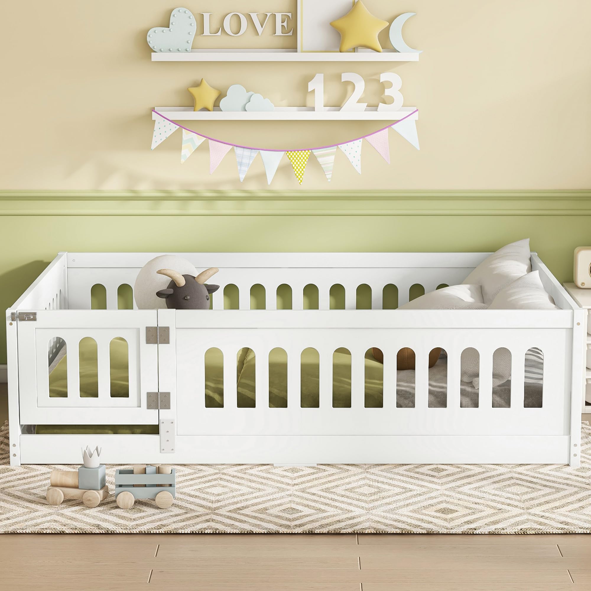 Full Size Montessori Floor Bed with High Fence and Door