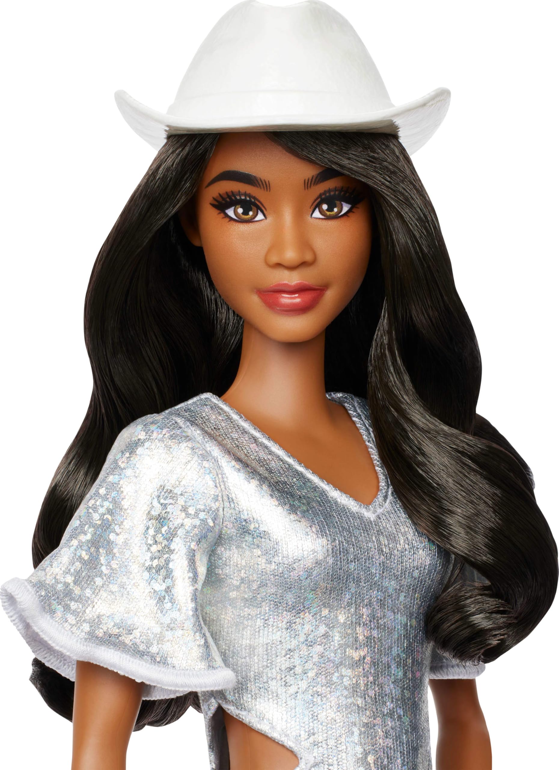 Fashionistas Doll #239 with Black Hair Wearing Sparkly Silver Fringe Dress