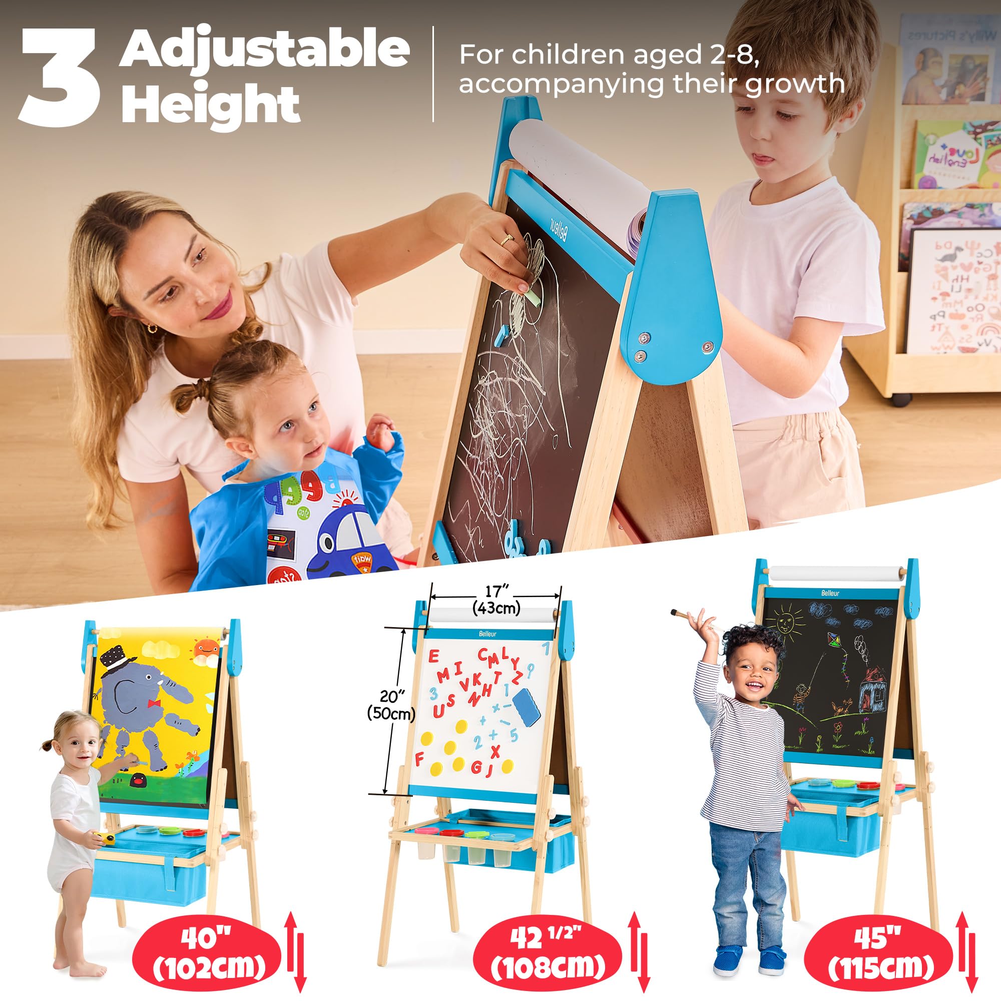 Double-Sided Kids Art Easel with Magnetic Whiteboard and Chalkboard