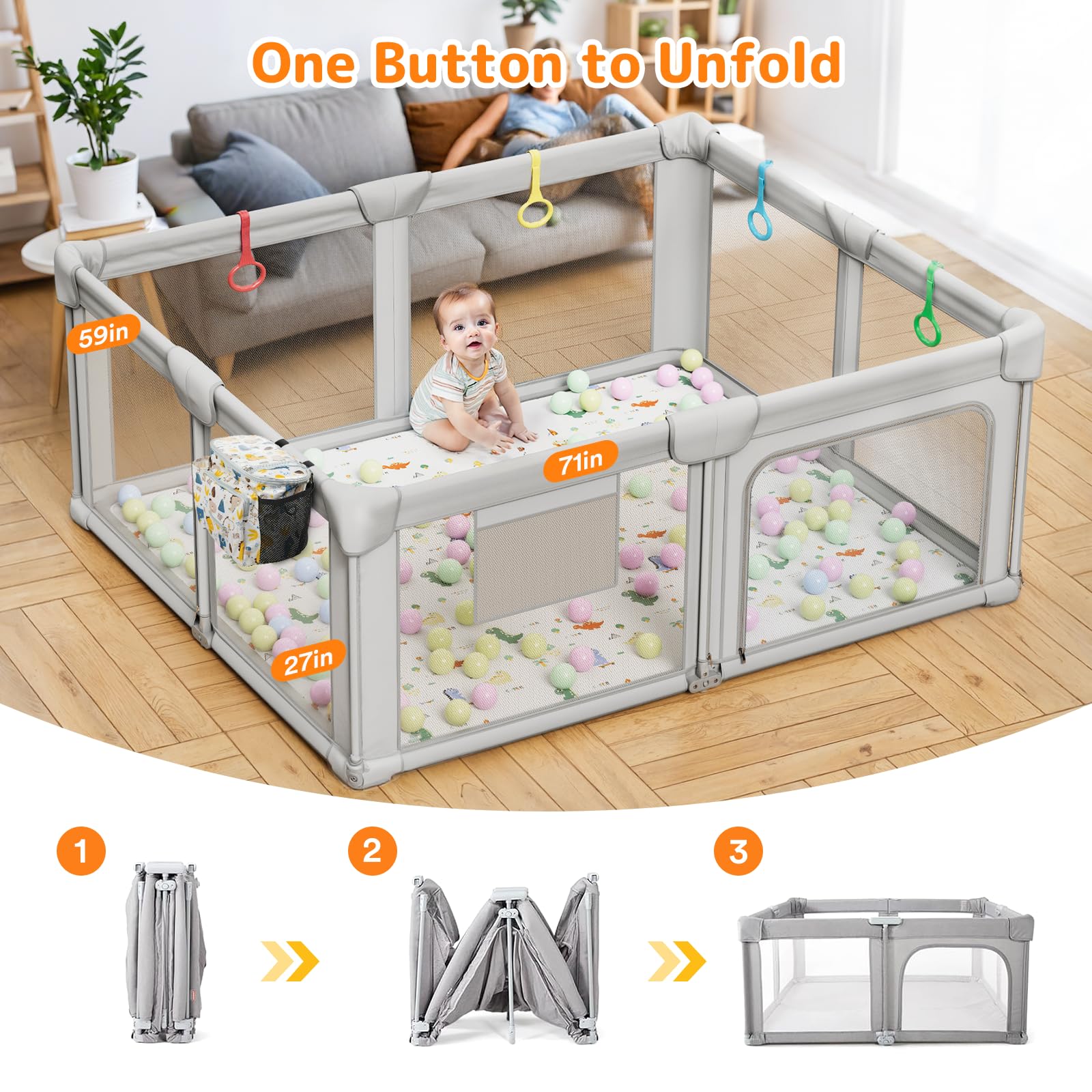 Foldable Baby Playpen with Mat 71x59