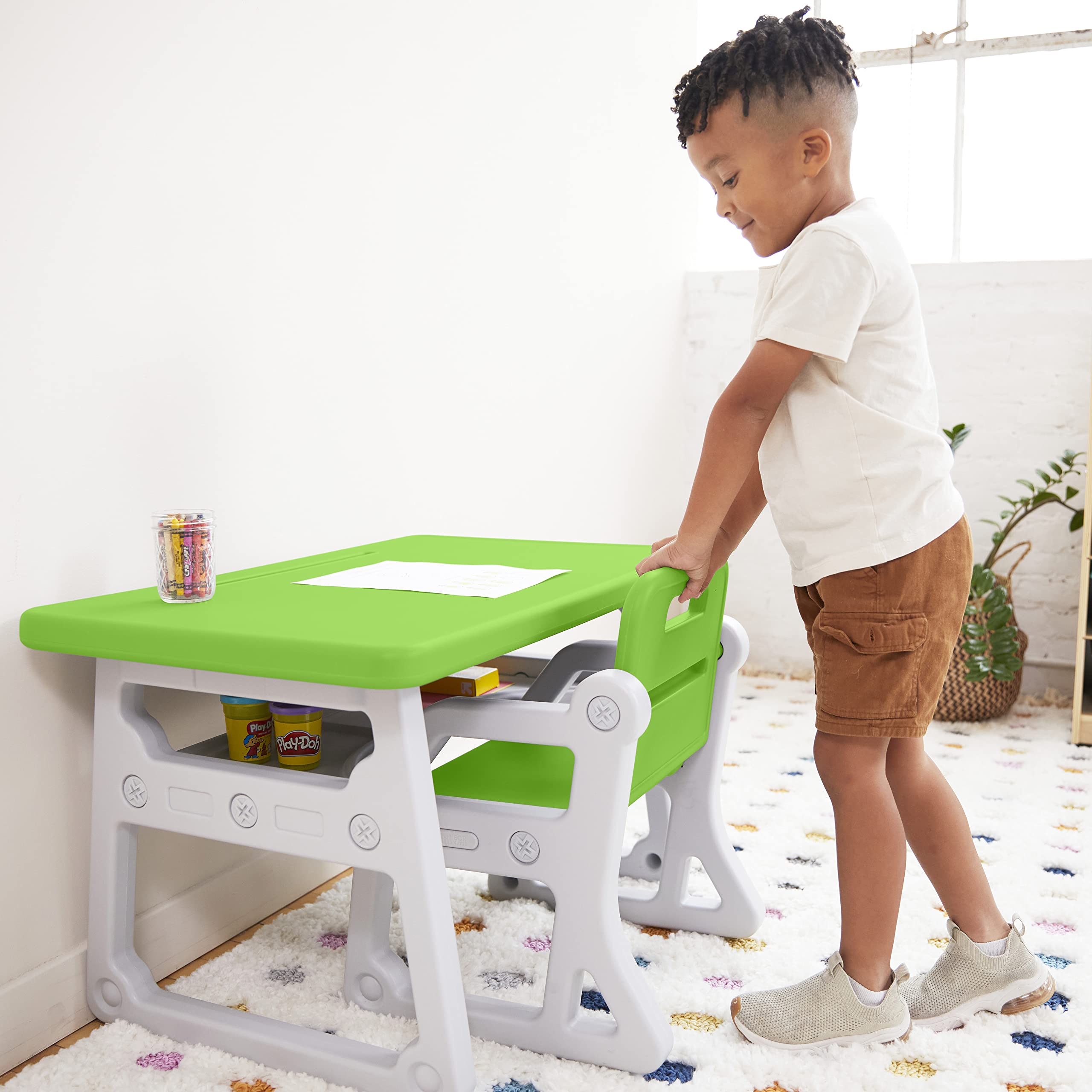 Toddler Plus Desk and Chair, Kids Furniture, Grassy Green/Light Grey