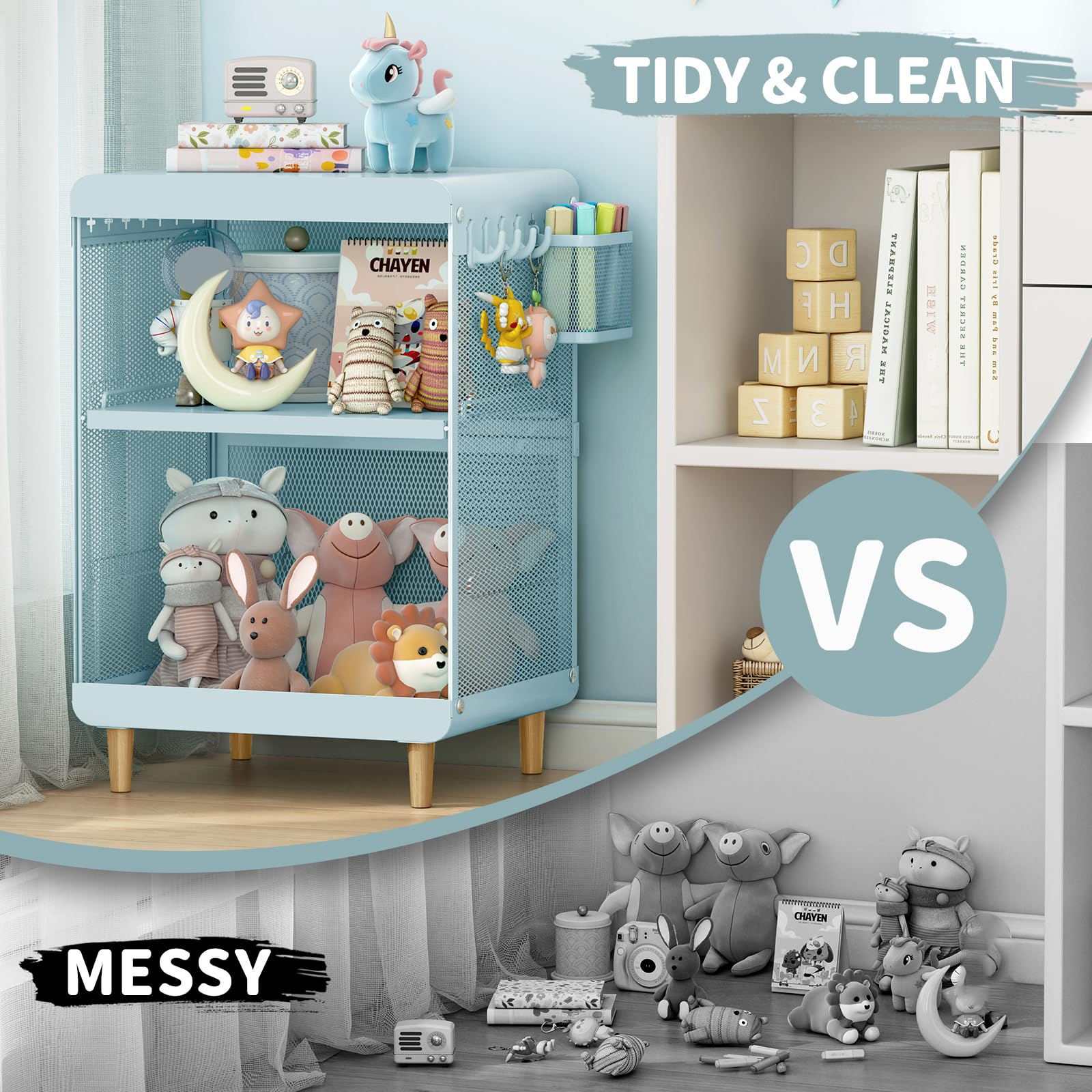 Kids Mint Green Nightstand with Storage Shelves