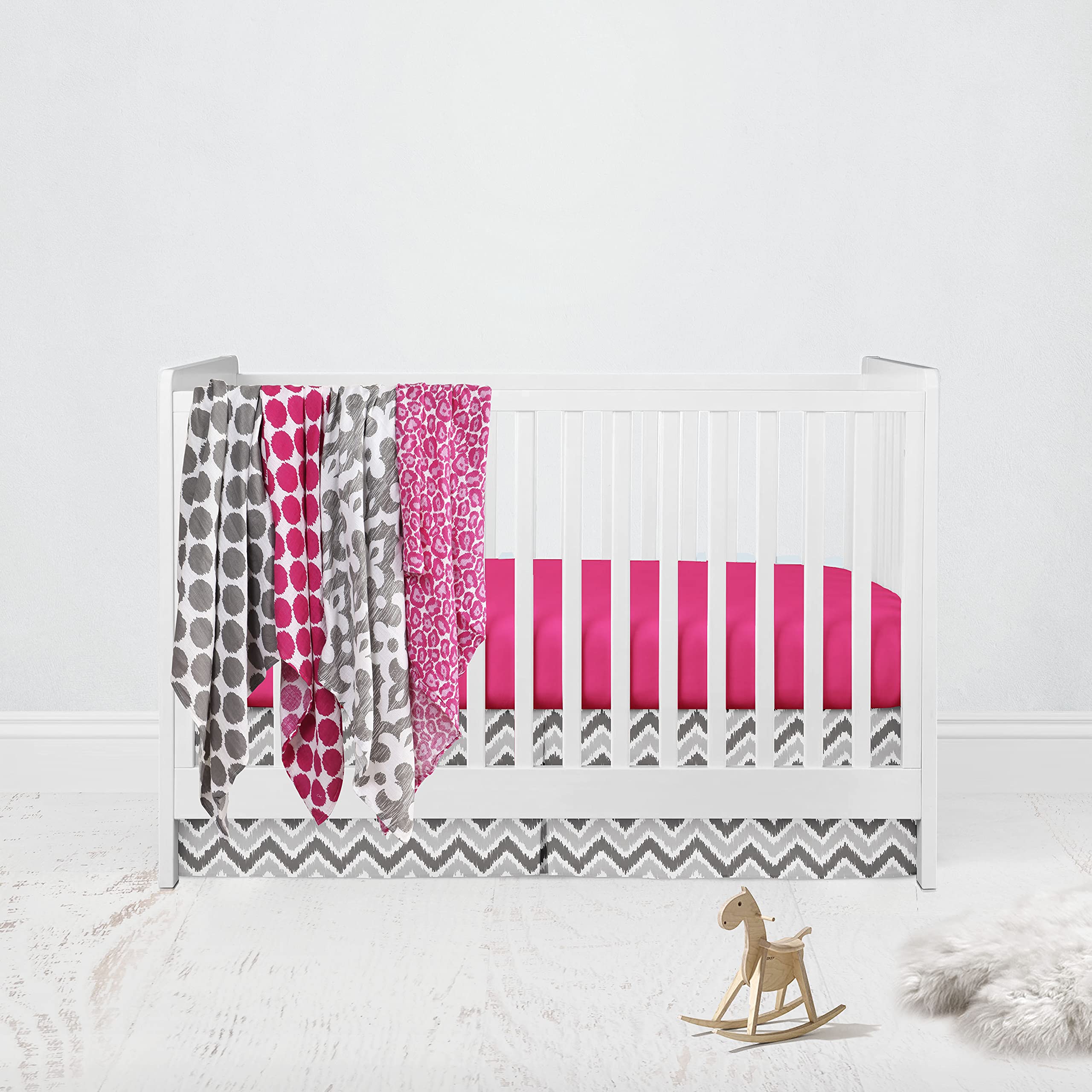 Bacati Ikat Pink/Grey 6 Pc Crib Set with 4 Muslin Swaddling Blankets, Crib Skirt & Solid Crib Fitted Sheet