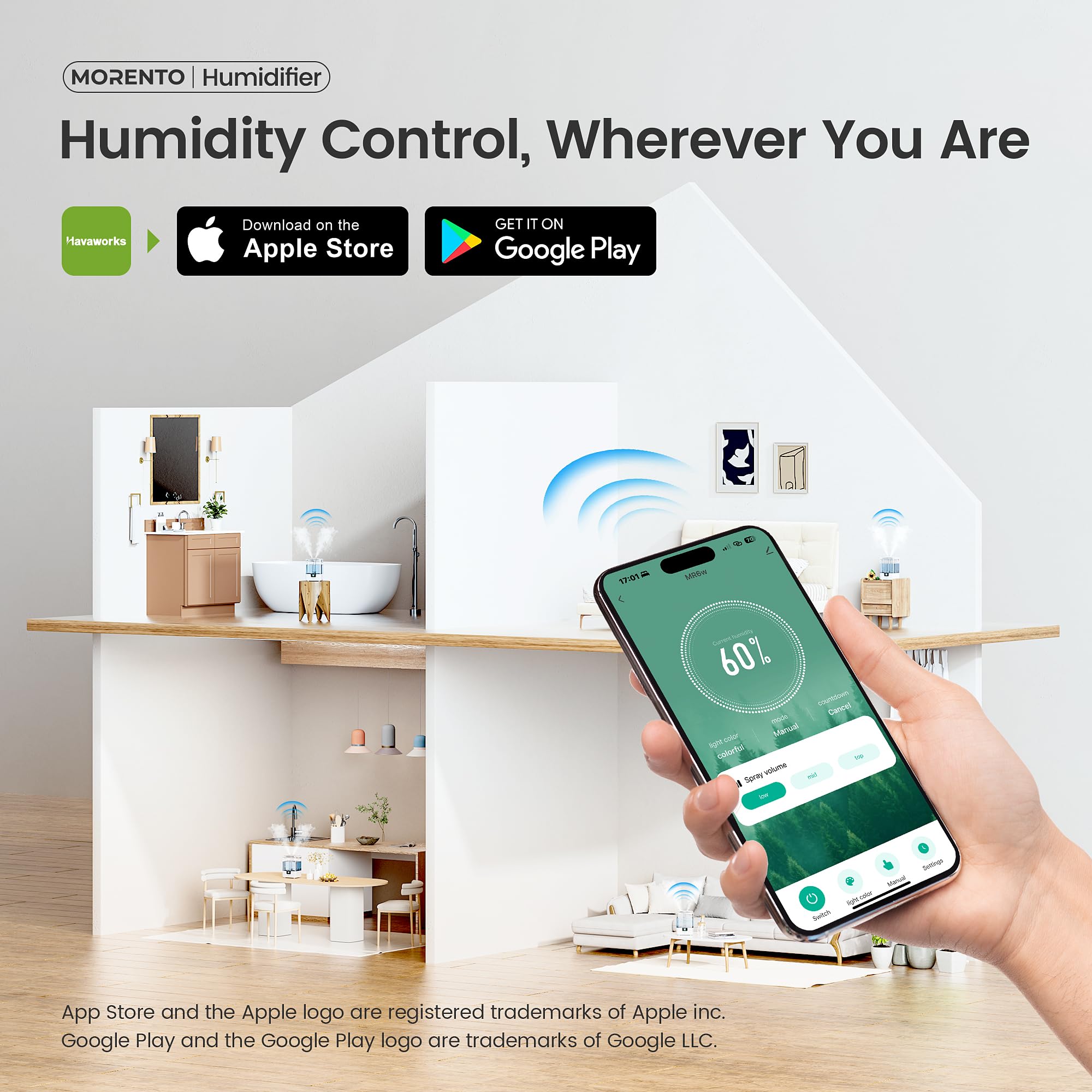MORENTO Smart Humidifiers for Bedroom Large Room Home, 6L Cool Mist Top Fill Humidifier with Essential Oil Diffuser, Smart App & Voice Control, for Nursery & Plants, White, 1 Pack + 7 Color NightLight