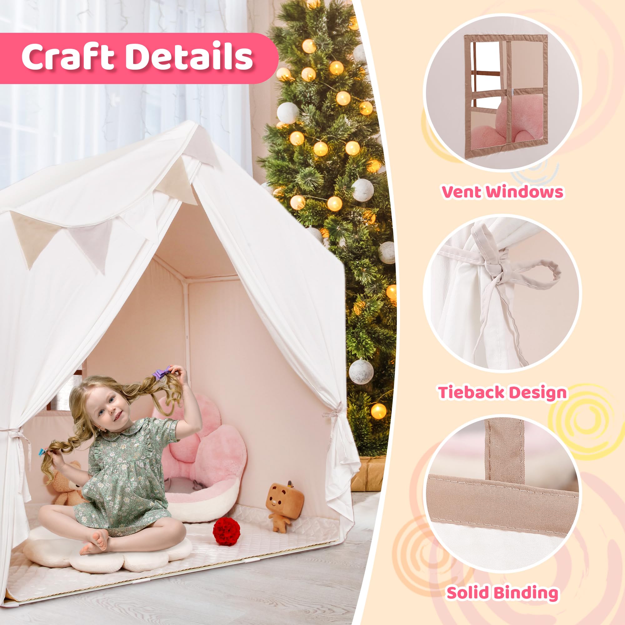 Kids Play Tent, Large Playhouse with Star Lights and Mat, Washable Indoor Toddler Teepee Tent for Boys & Girls, Children's Tent with Flags, Beige, 52L x36W x52H, Age 3+