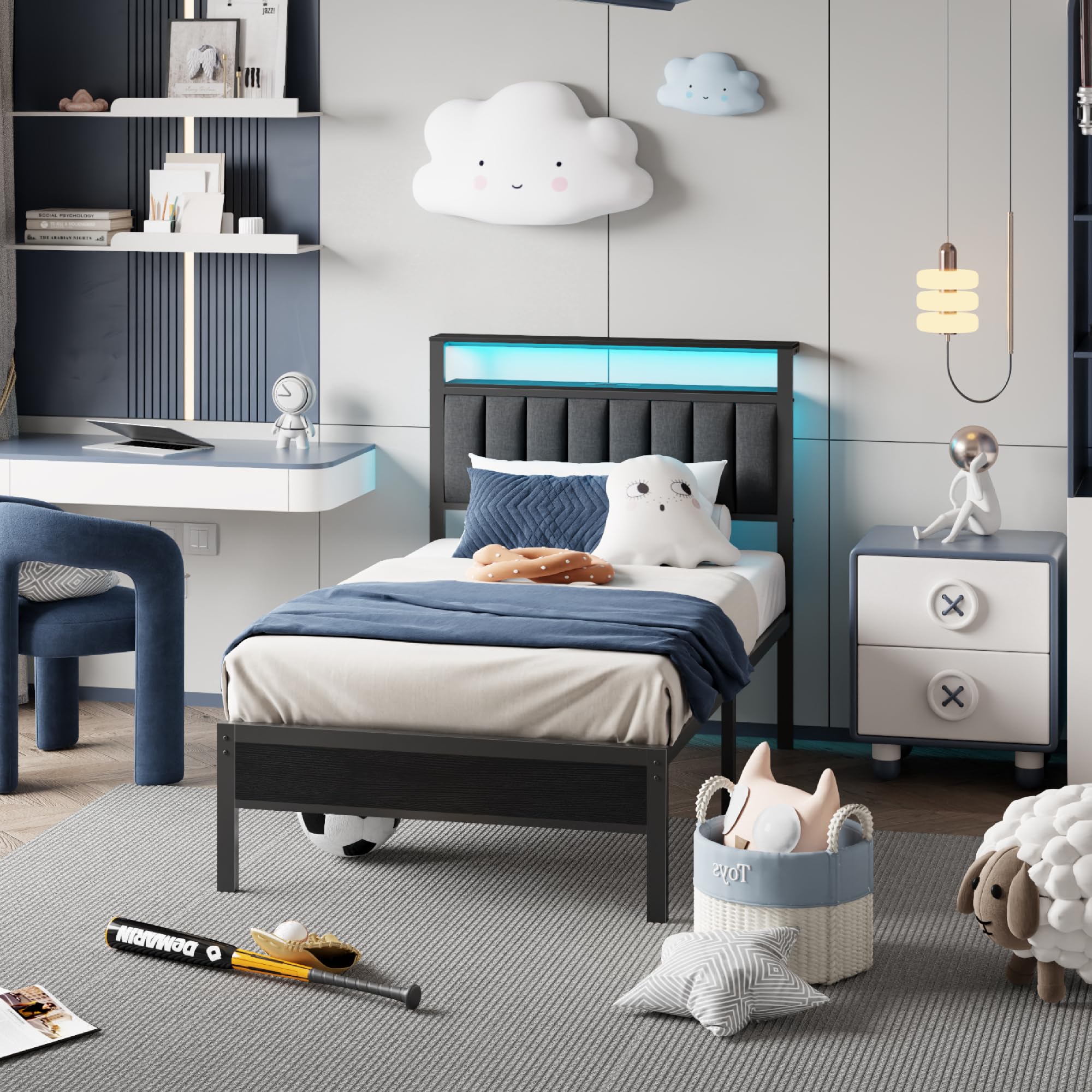 Twin Size Bed Frame with Charging Station and LED Lights