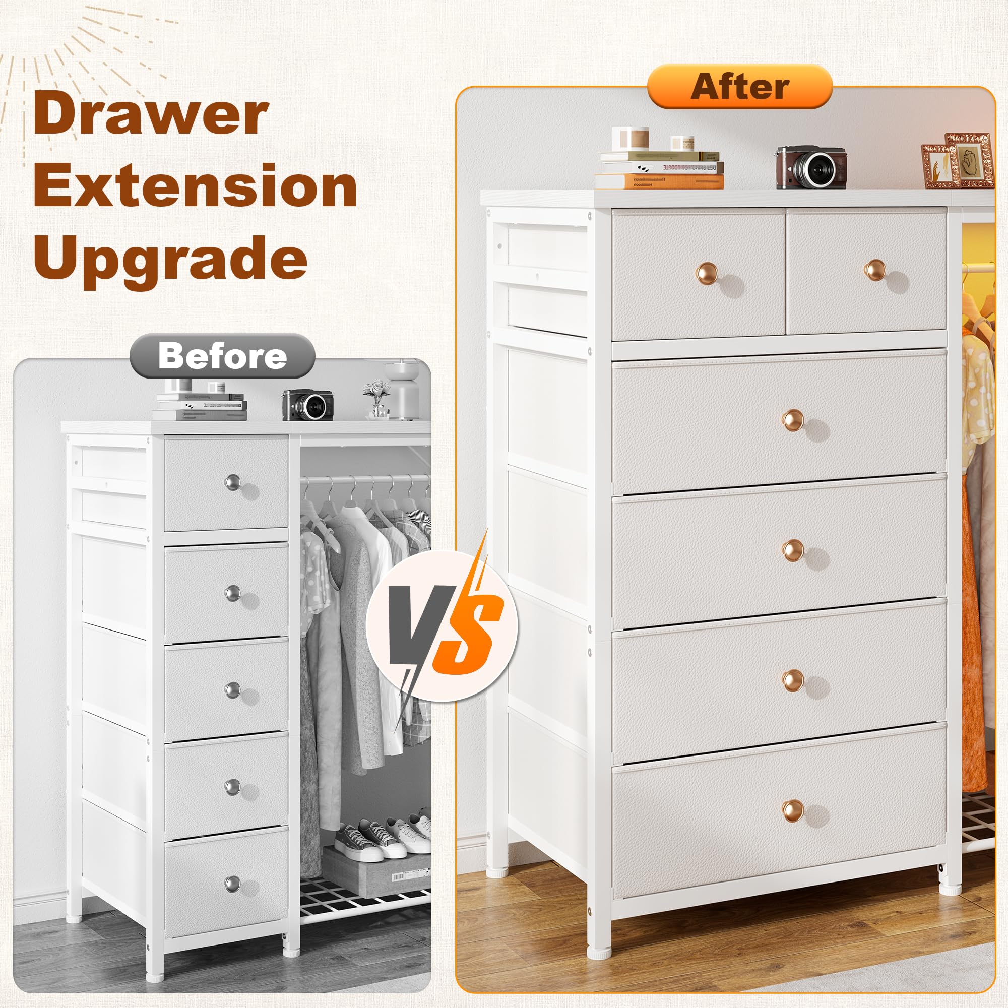 Dresser with Hanging Rack LED Lights Charging Station