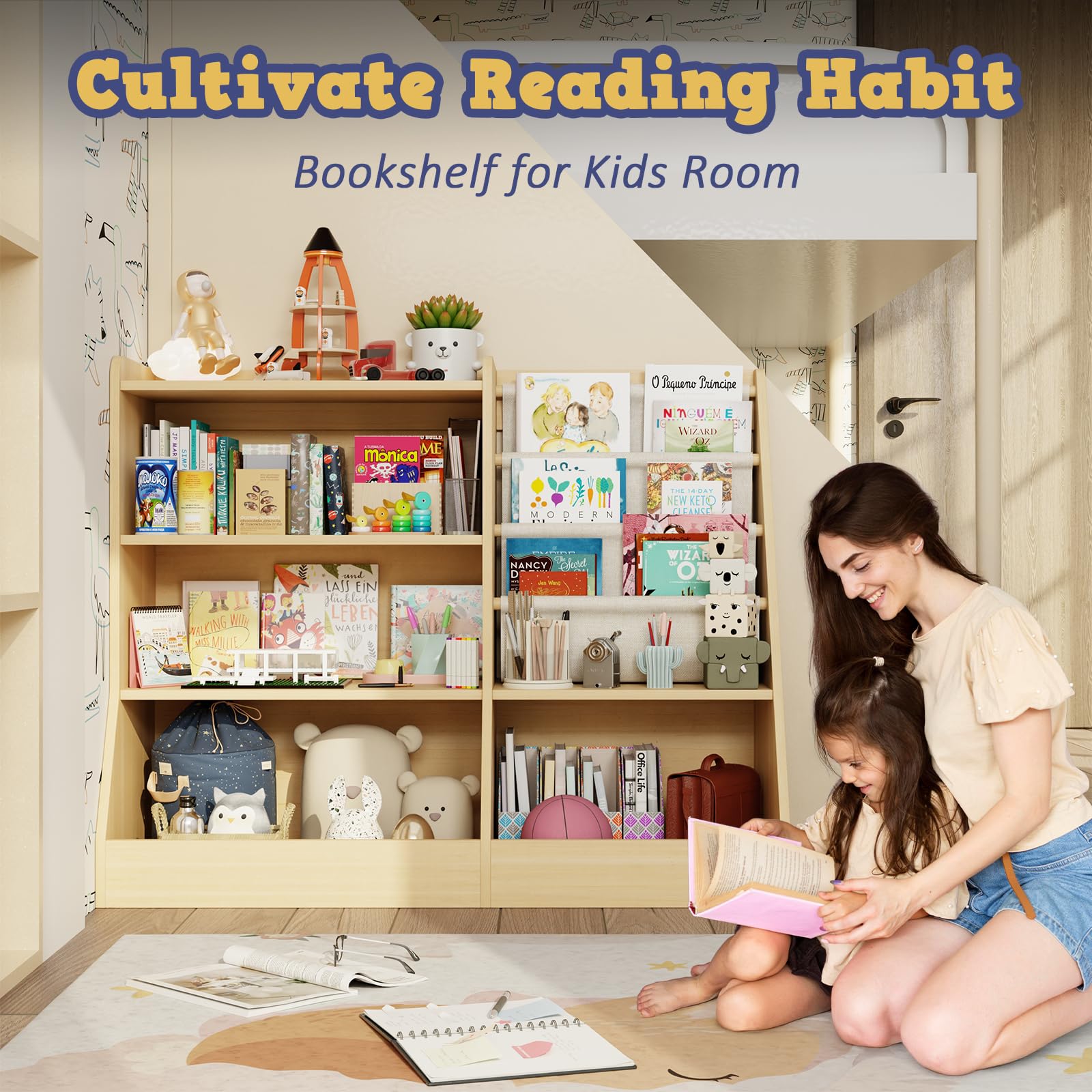 Kids Wooden Bookshelf and Toy Storage Organizer with Sling Book Rack