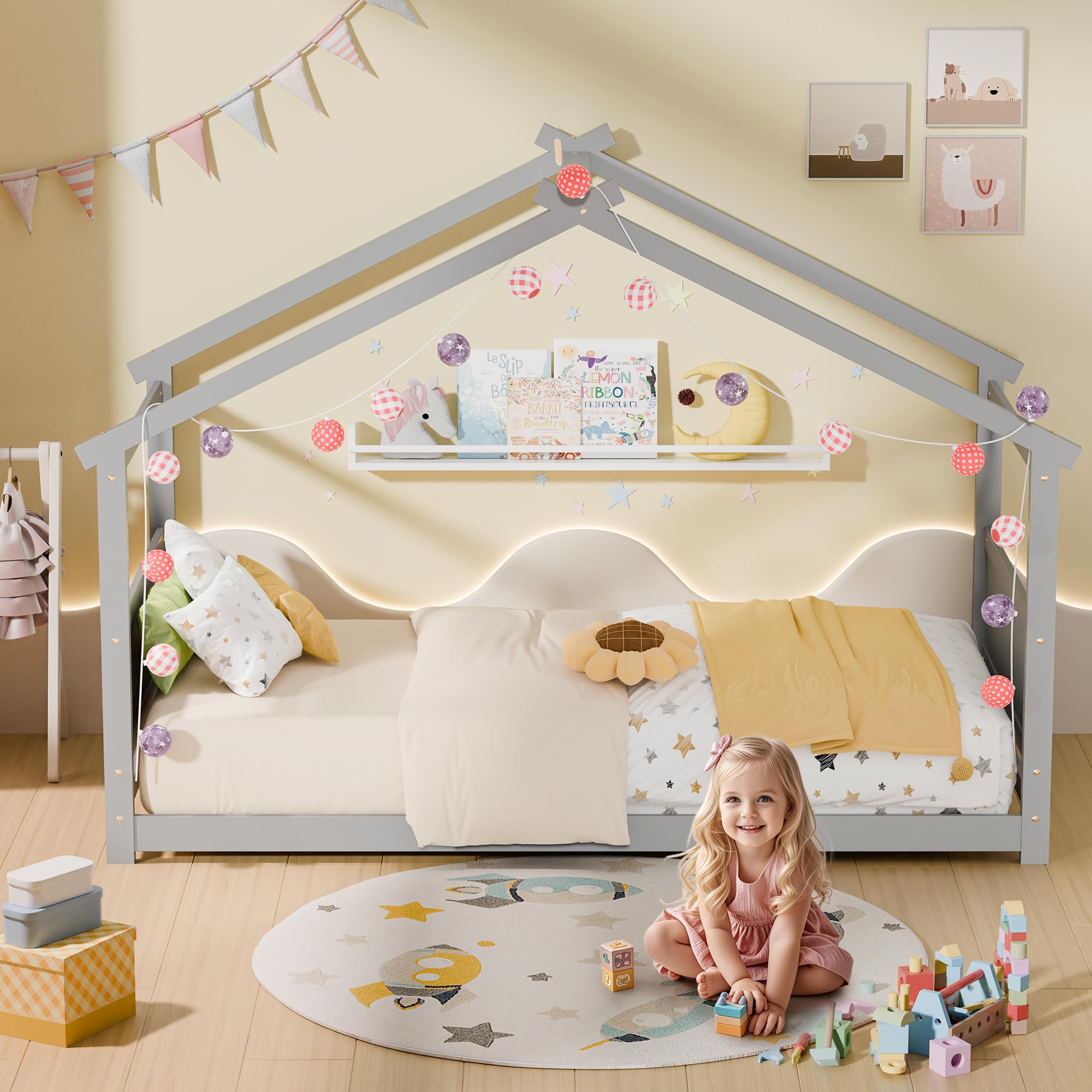 Twin House Bed, Montessori Floor Bed with Headboard & Footboard, Solid Wood Bed Frame