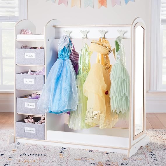 EdQ Dress-up Storage with Bins Natural: Kids Dress Up Rack with Mirror