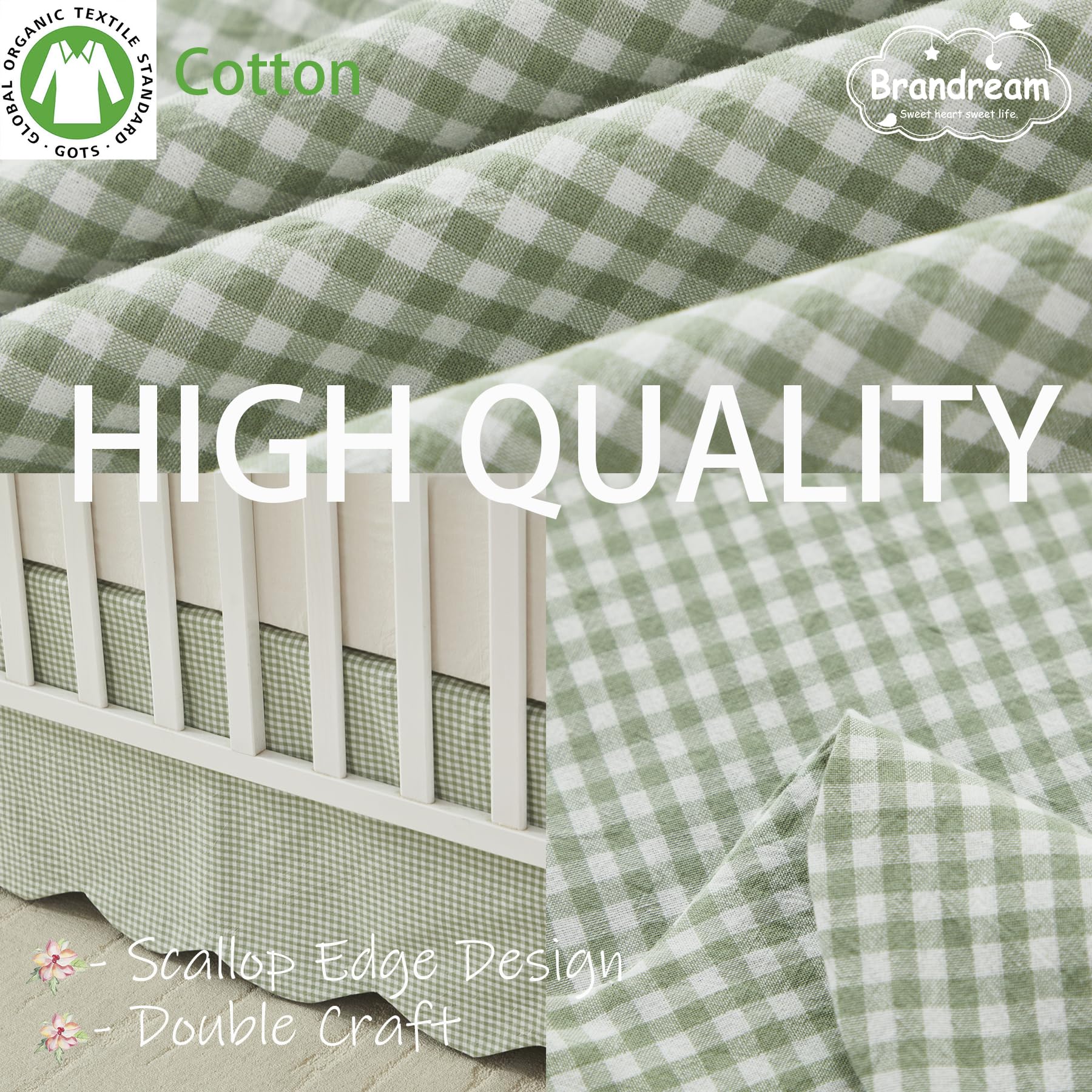 Brandream 3 Pieces French Country Toile Crib Bedding Set for Girls Vintage Green Toile Floral Print 100% Cotton Baby Girl Nursery Bedding Collection - Ruffles Quilt,Toile Crib Sheet,Crib Bed Skirt
