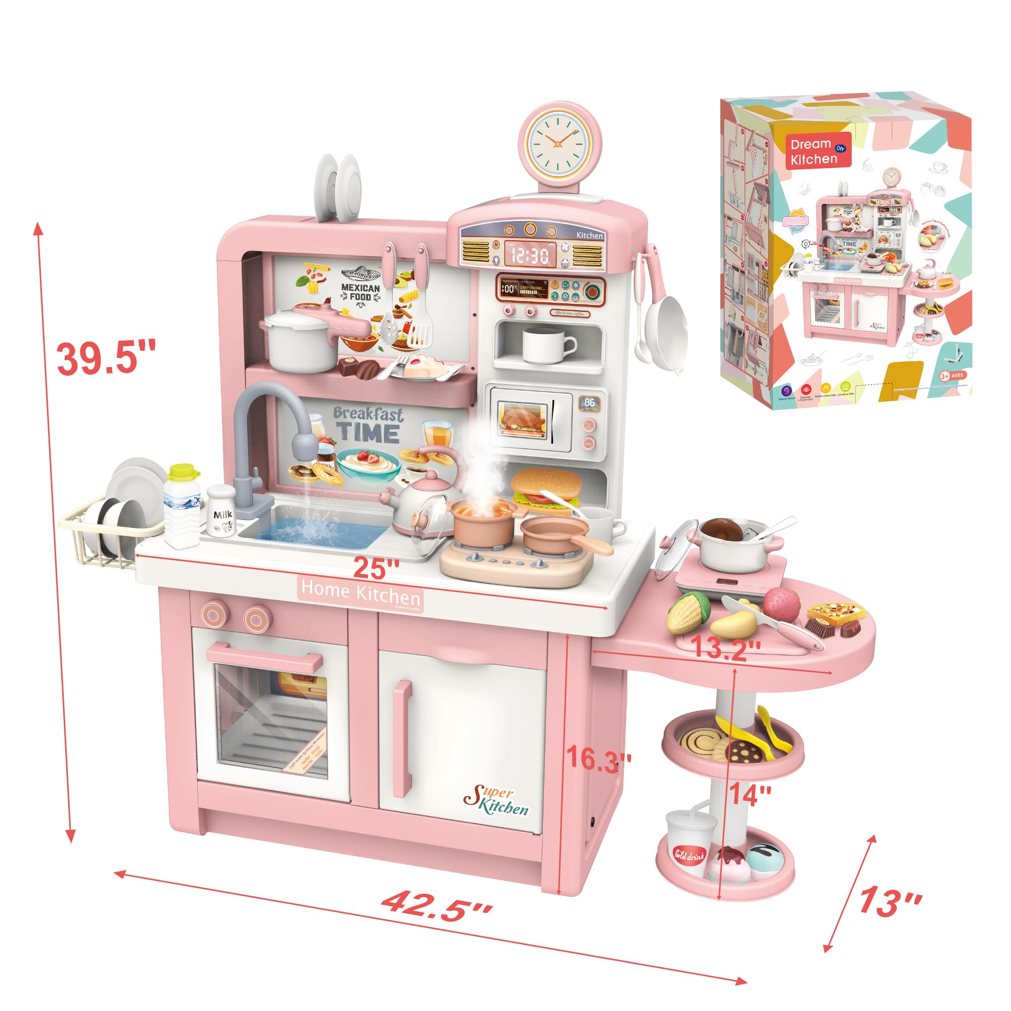 Elevon Pretend Play Kitchen Toy Set for Kids, Interactive Playset with Lights and Sounds, for Toddlers 3+ Years Old, 49 Piece Toy Accessory Set with Cooking Stove, Sink, Play Food, Realistic - Pink