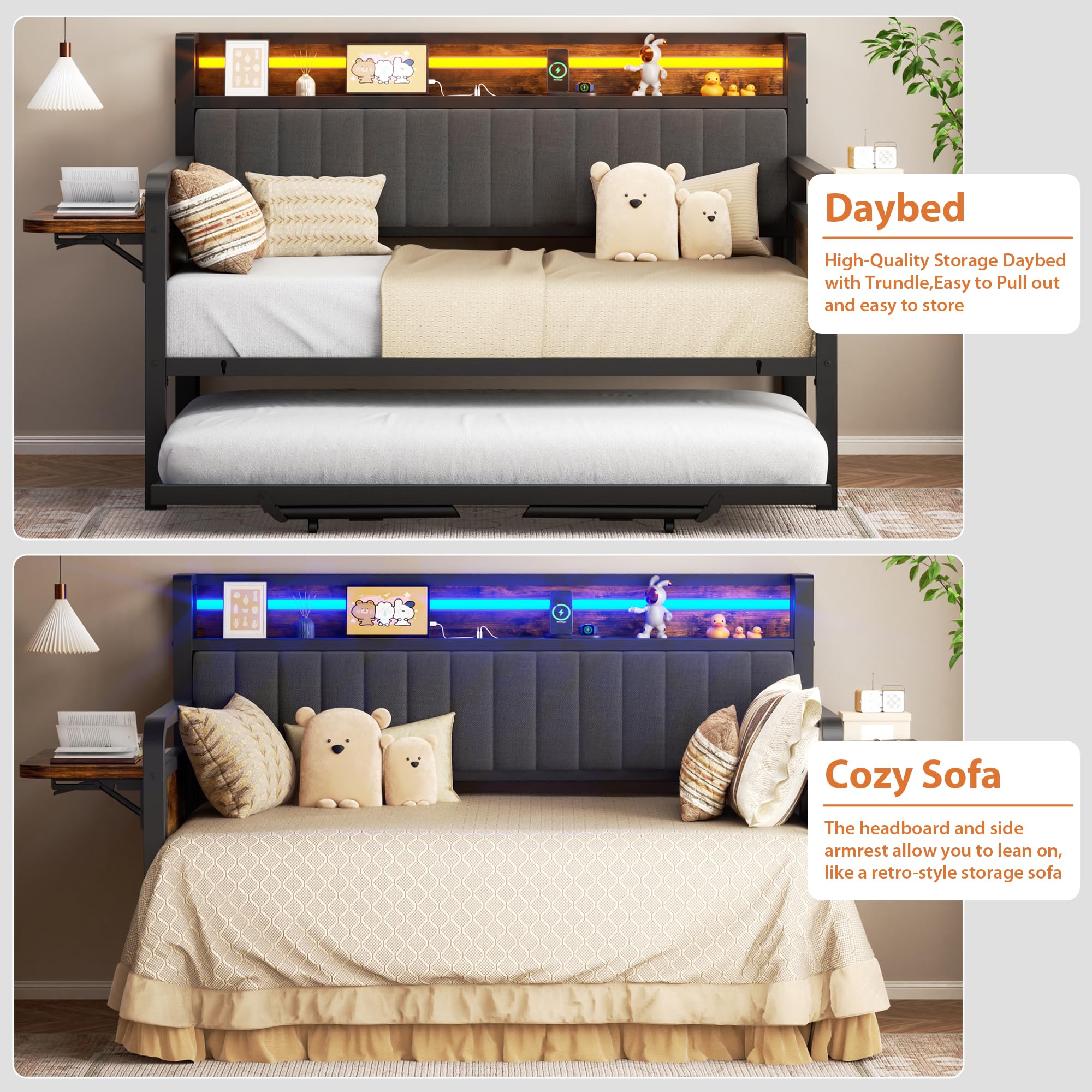 Daybed with Trundle and LED Light, Heavy Duty Metal Twin Bed Frame with Upholstered Storage Headboard & Charging Station, Day Bed Pop Up Trundle Bed Twin for Living Room,Bedroom and Guest Room, Brown
