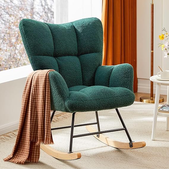 Rocking Chair Nursery, Teddy Upholstered Glider Rocker with High Backrest