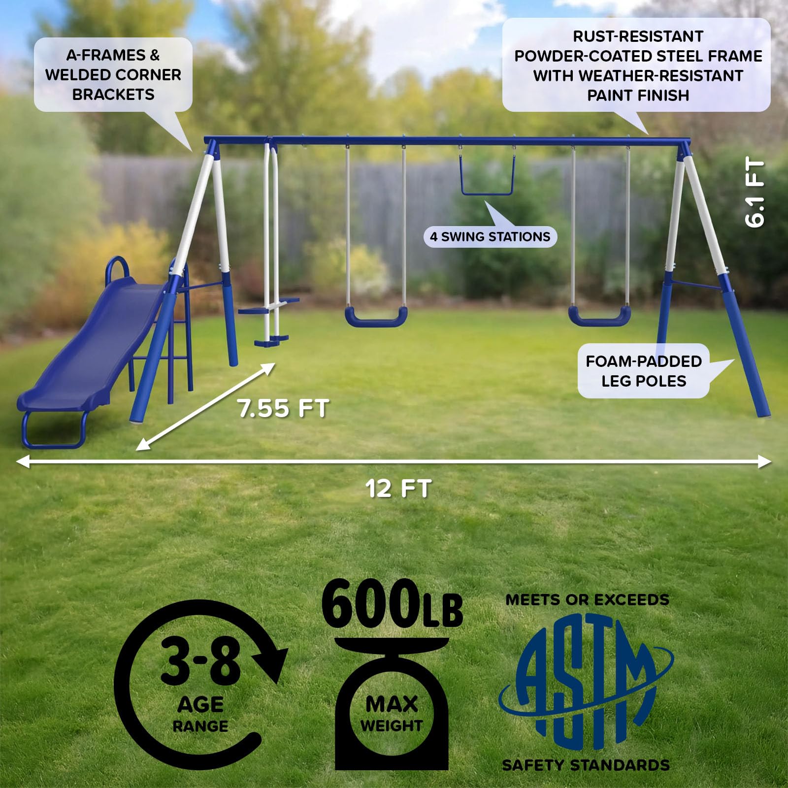 Metal Swing Set with Slide and Glider for Outdoor Play