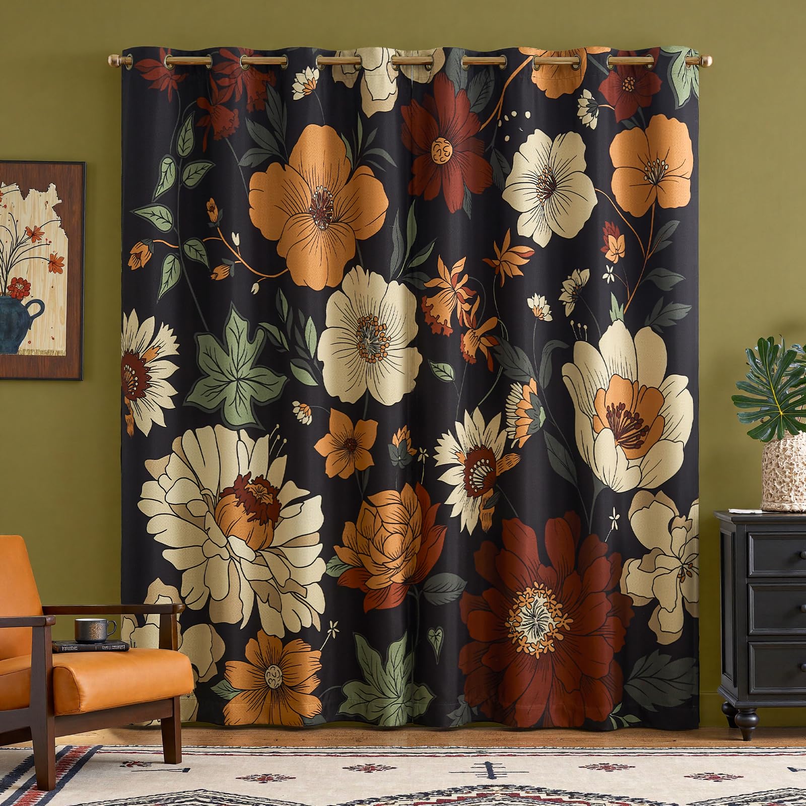 Floral Curtains for Bedroom Living Room Vintage Blackout Curtains