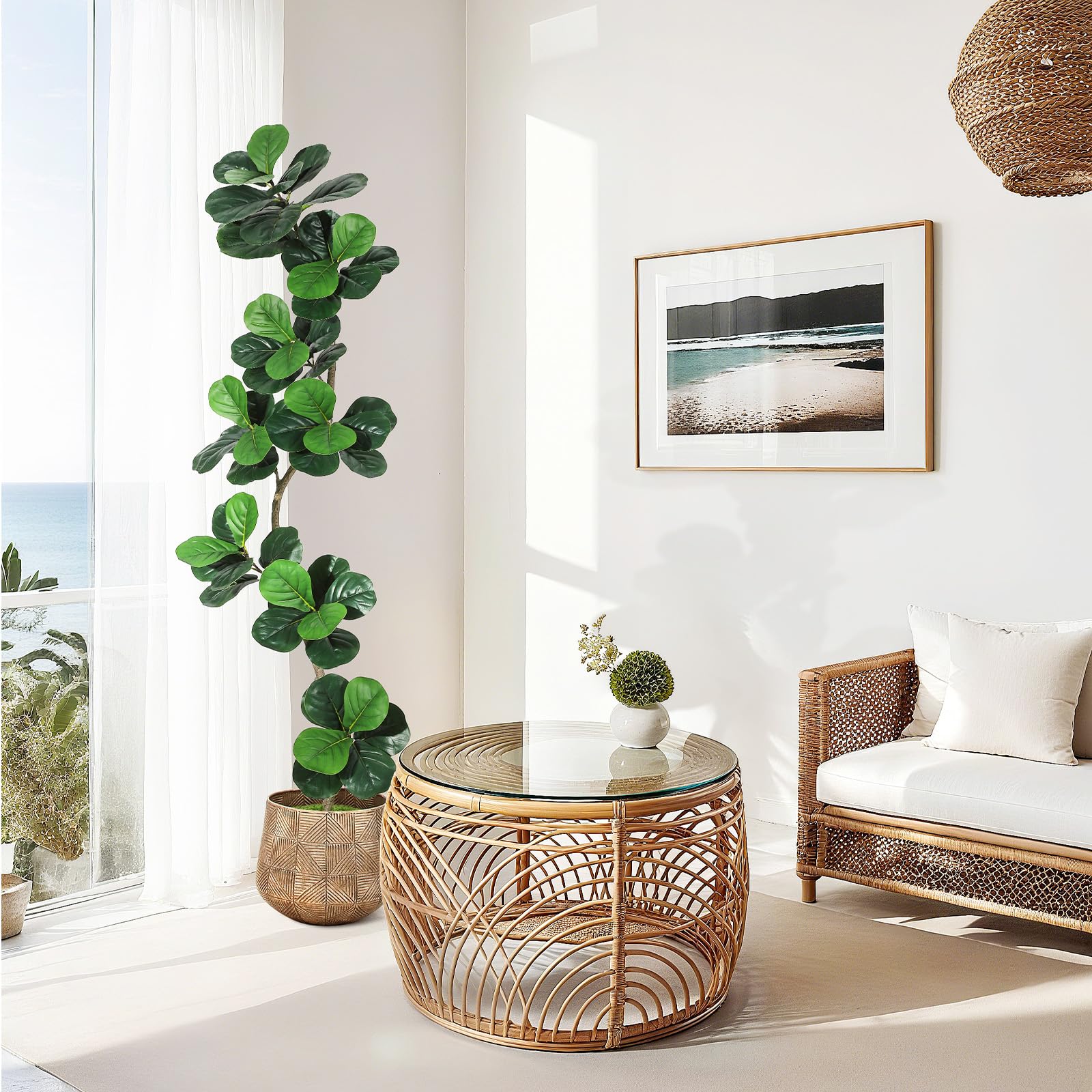 Fiddle Leaf Fig Artificial Tree with White Planter,7ft Faux Plants Indoor