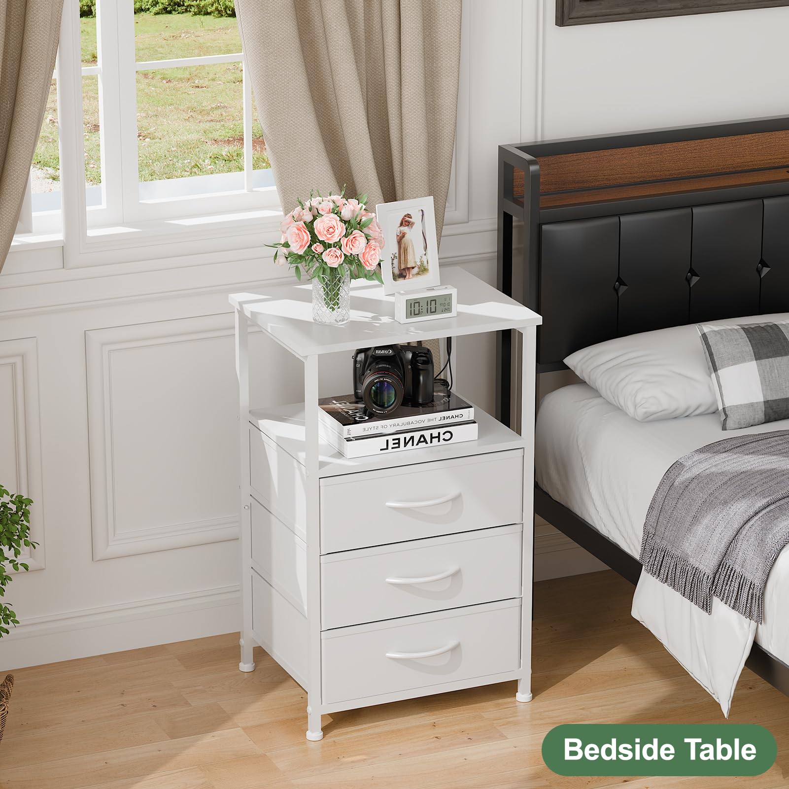 Nightstand with Drawers,White NightStand with LED Light