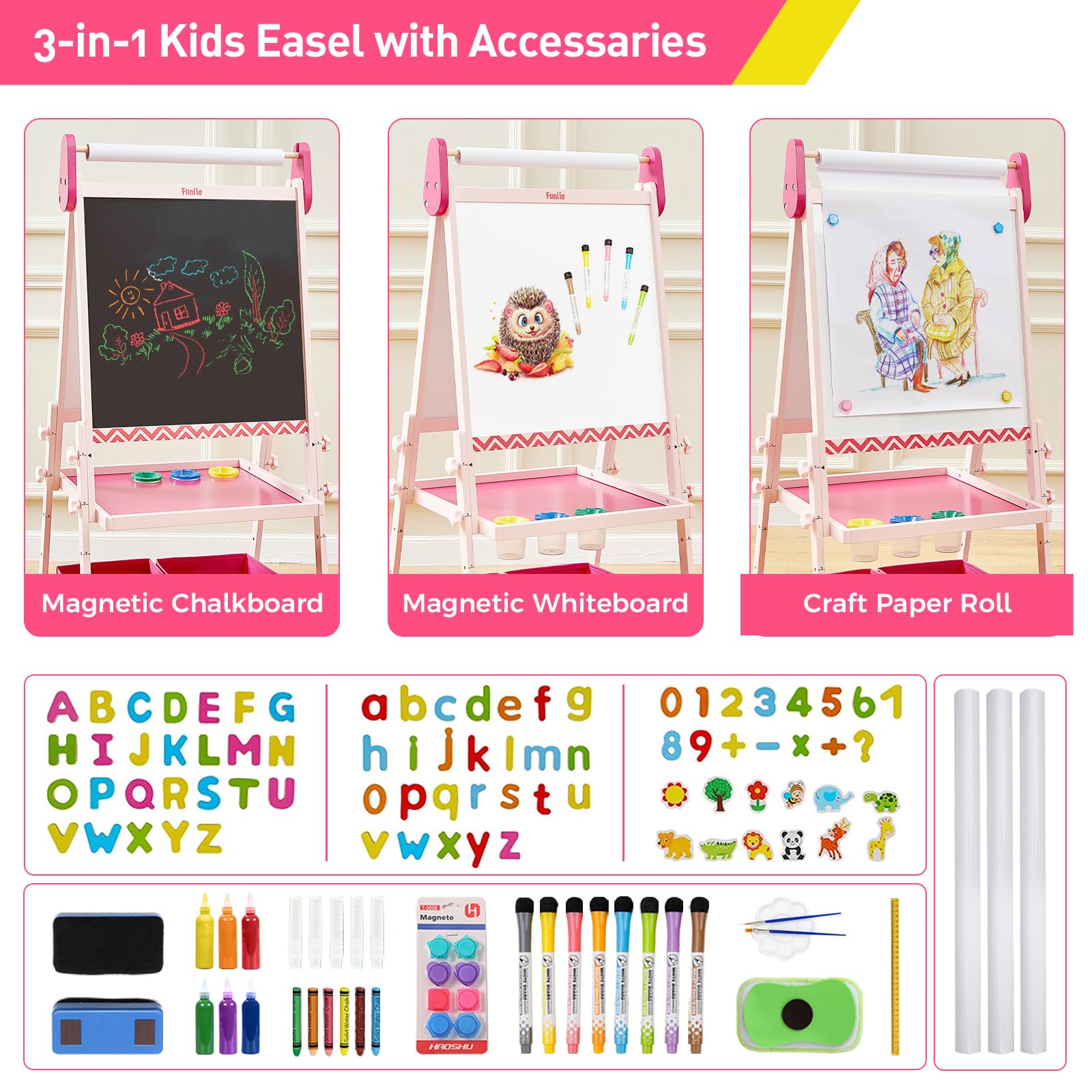 FUNLIO Anti-Warping Kids Art Easel, 3 Height Adjustable for Kids Aged 2-8, All-in-One Toddler Easel with Paper Roll & Erasable Frame, Standing Easel with Magnetic Chalkboard/Whiteboard (Pink)