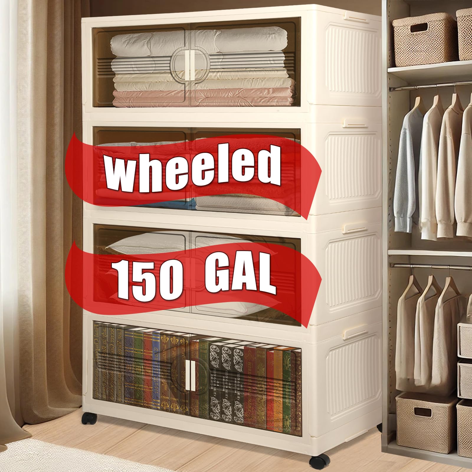 150GAL/600QT Large Storage Bins with 2 Lids, Stackable Collapsible Storage Bins