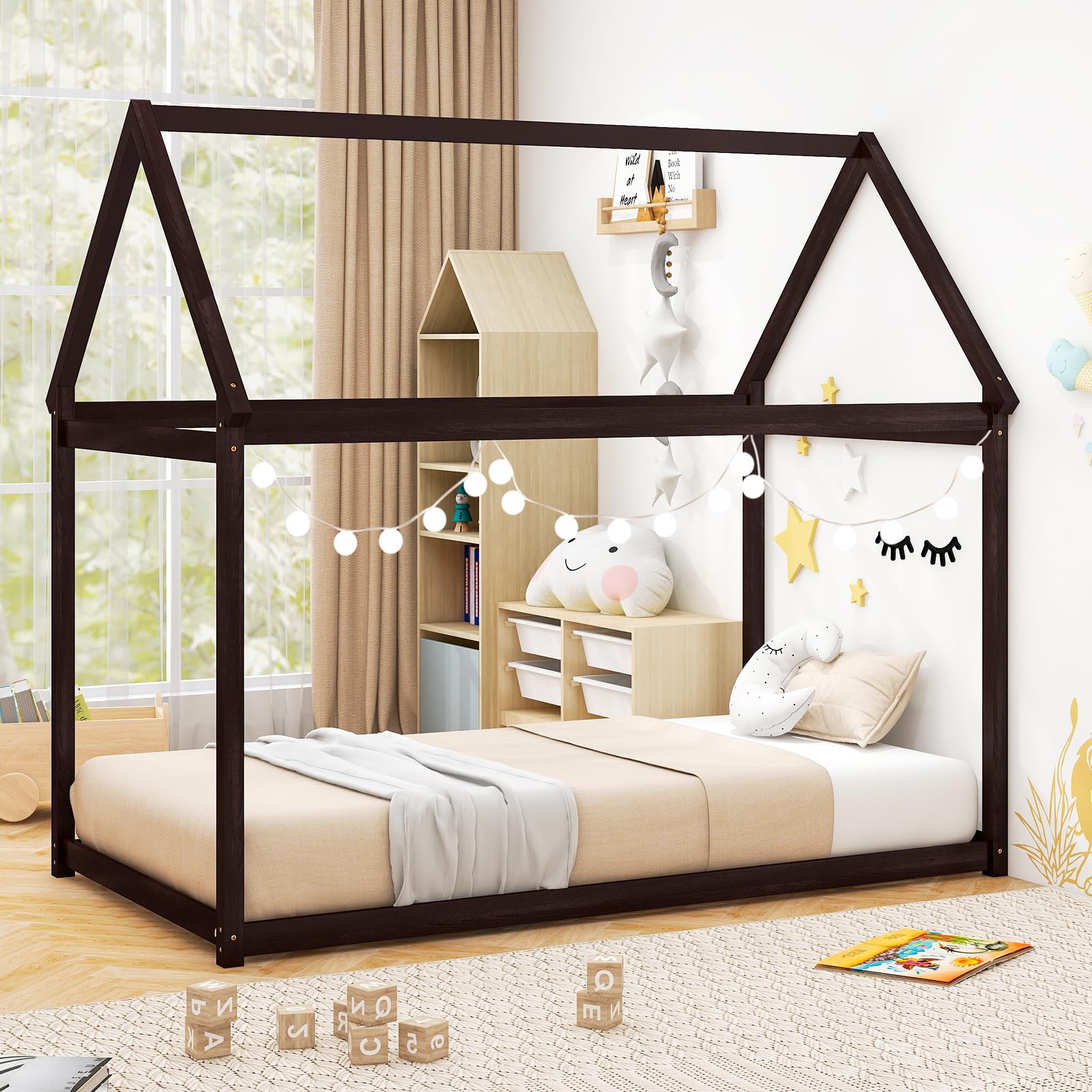 Twin House Bed Frame with Canopy for Kids