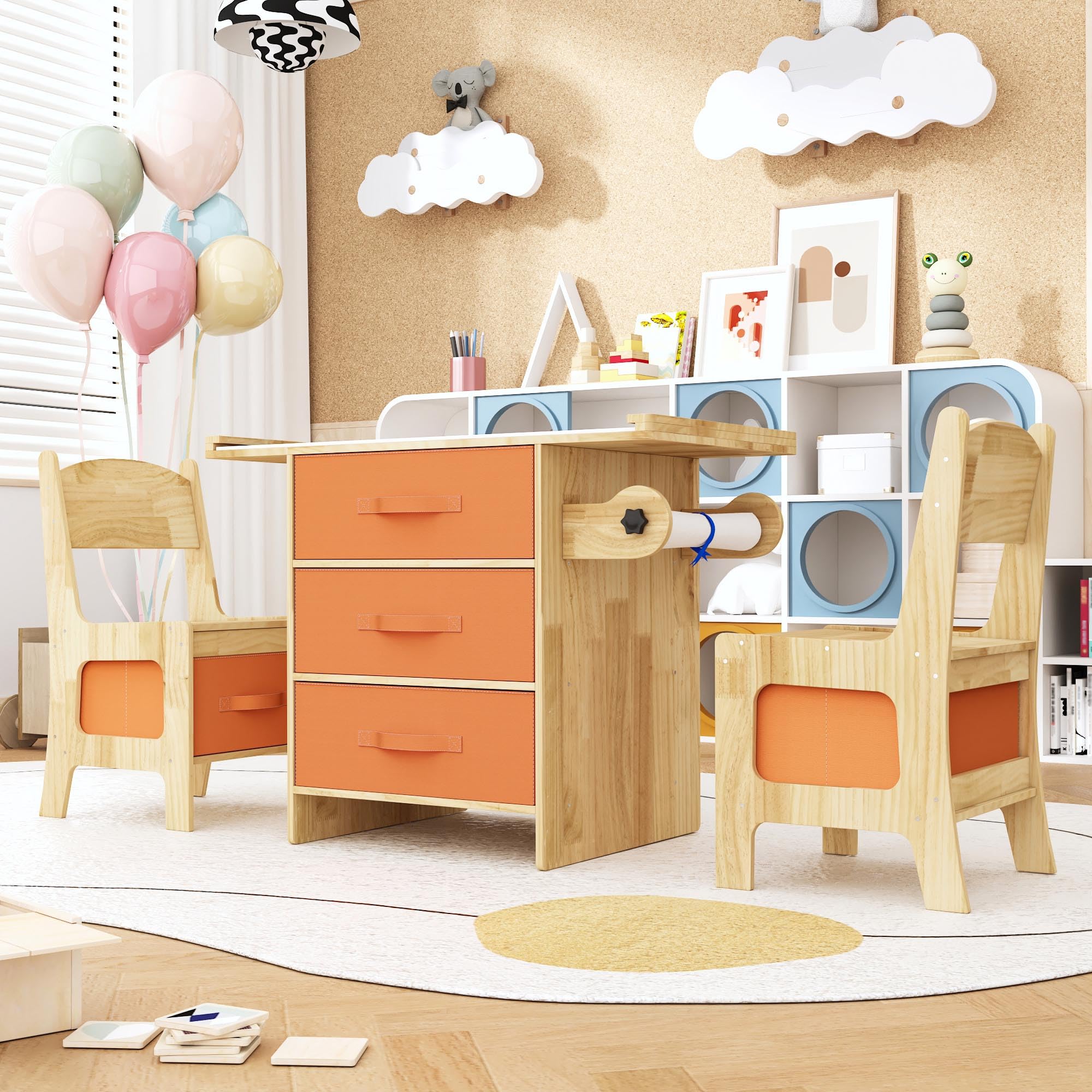 Kids Table and Chair Set 3 in 1 Wooden Toddler Table with Storage