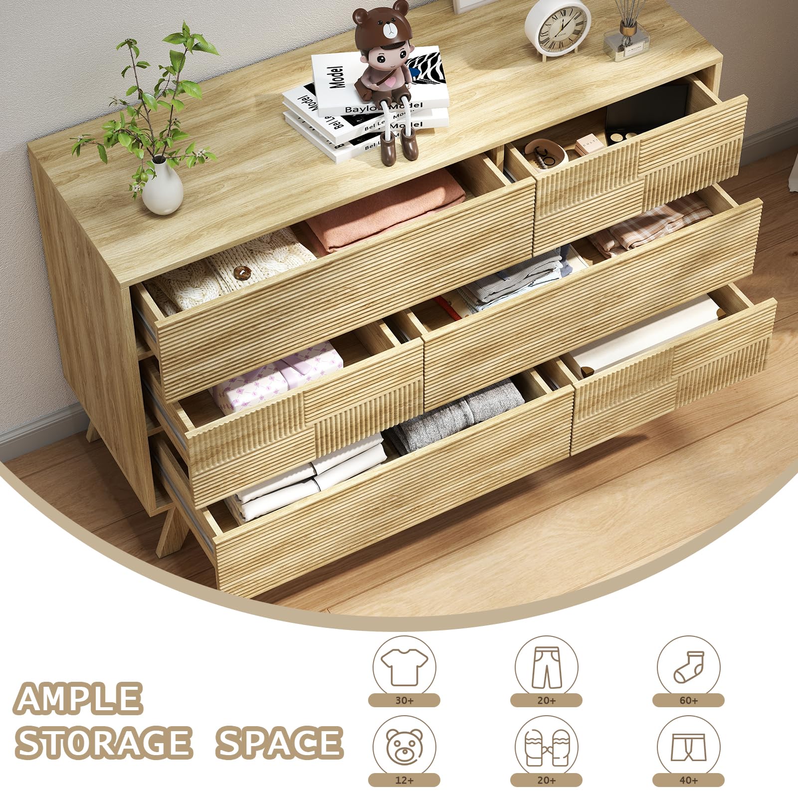 Fluted 6-Drawer Dresser for Bedroom 47 Inch Wide Handleless Chest