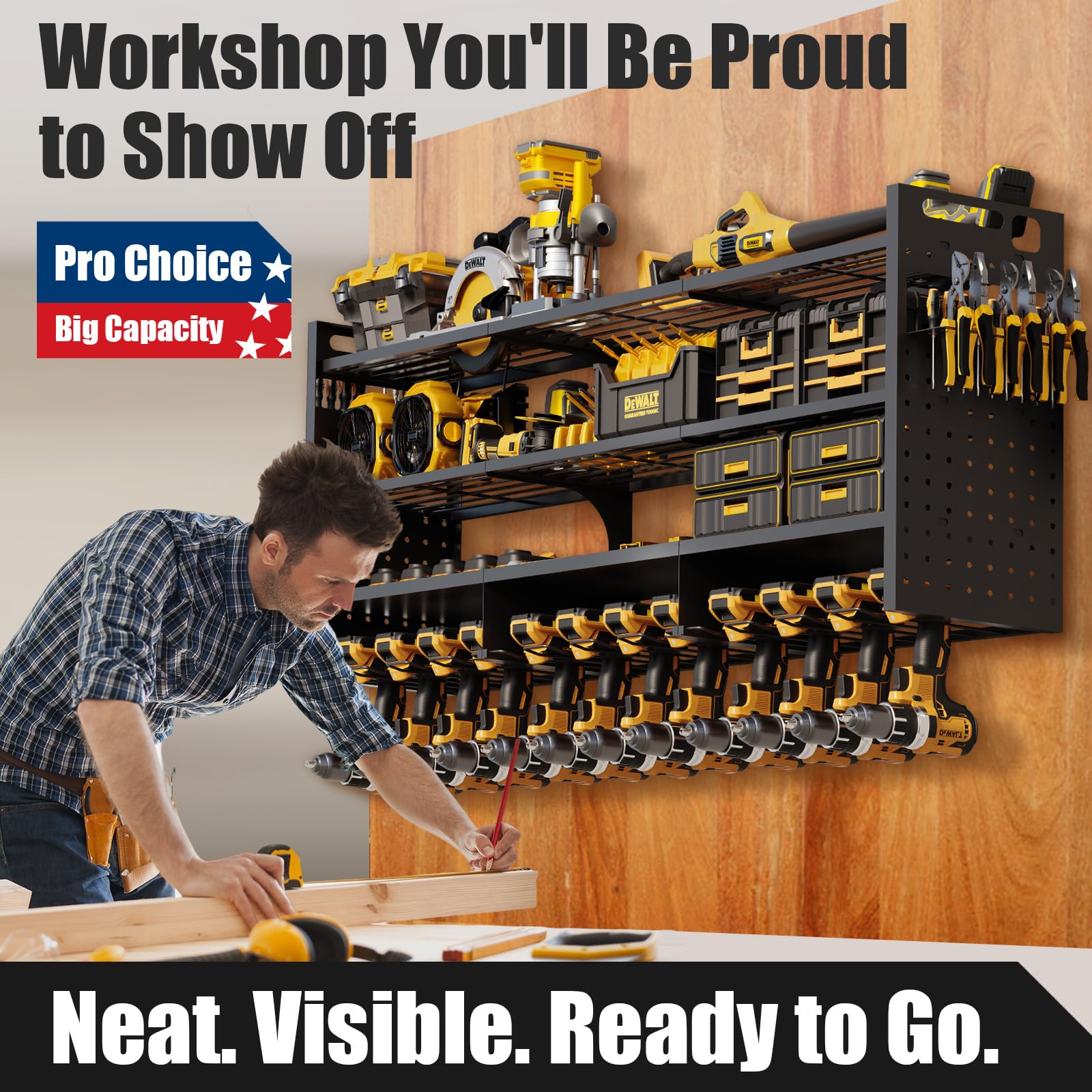 Power Tool Organizer Wall Mount - 4-Tier Heavy Duty Garage Storage Rack with Drill Holder