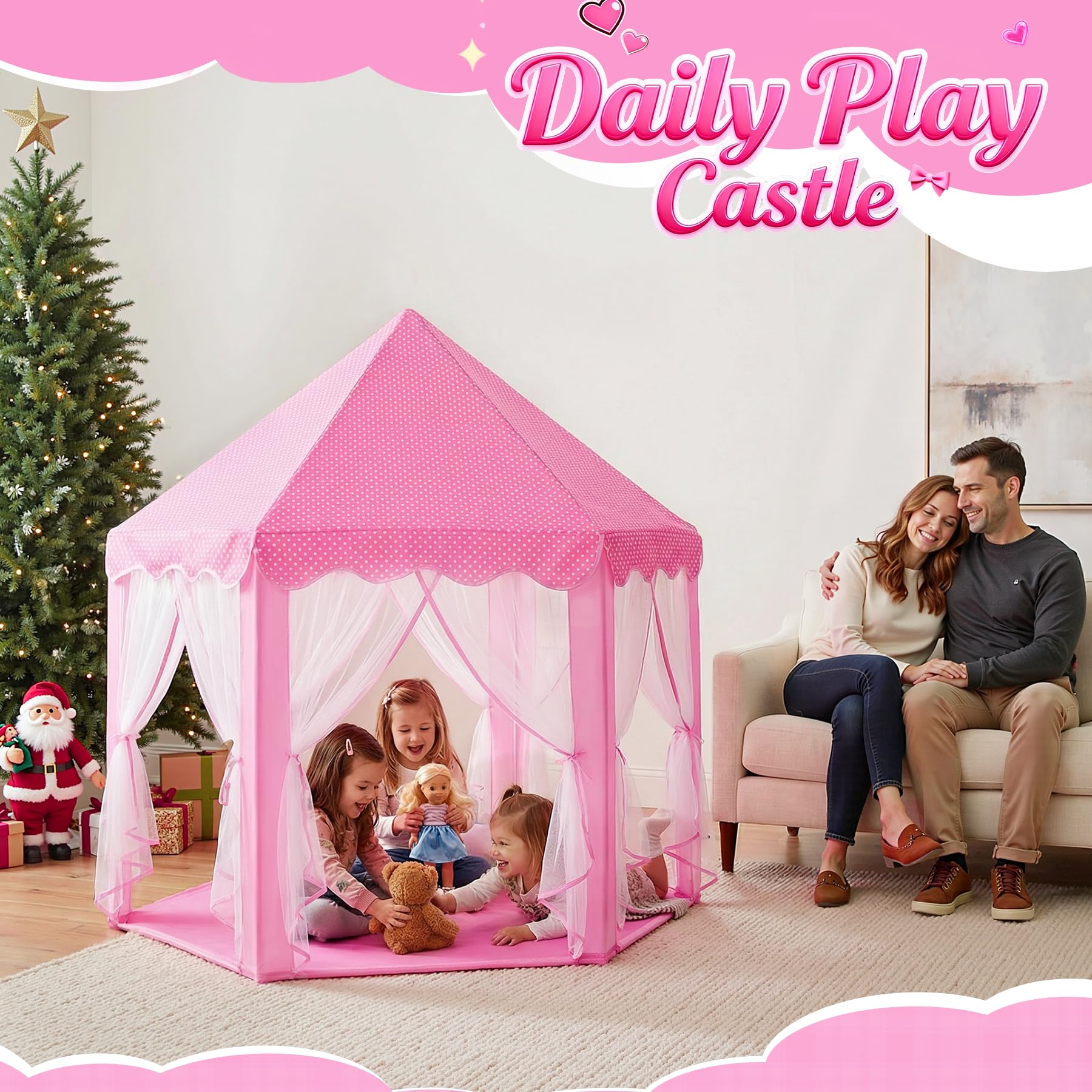 Princess Castle Play Tent with Star Lights - Pink