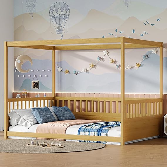 Kids Montessori Twin Size Floor Bed with High Fence, House Bed for Kids, Wooden, Gray