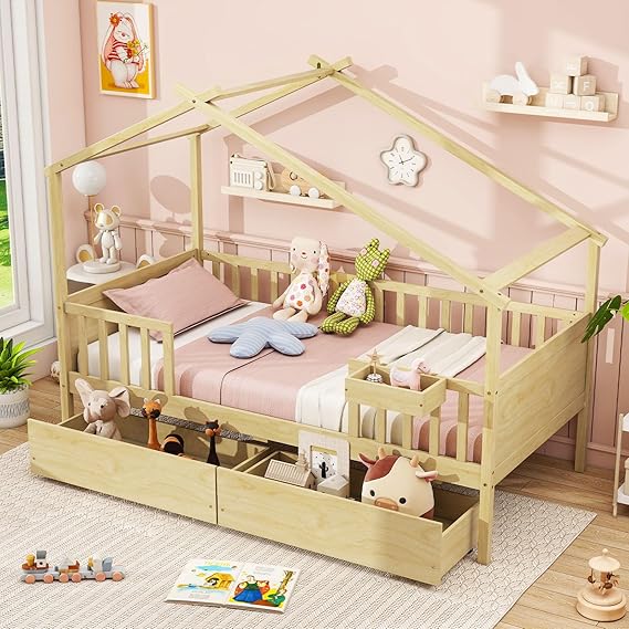 Twin House Bed with Drawers, Wooden Twin Bed Frame