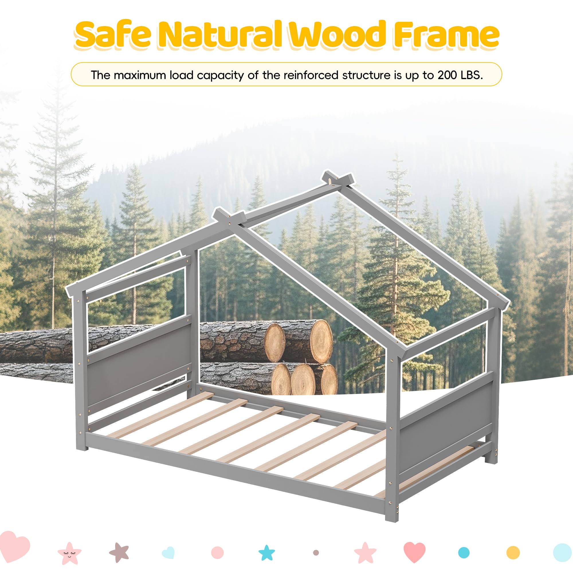 Twin House Bed Frame with Headboard & Footboard - Montessori Floor Bed for Toddlers & Teens