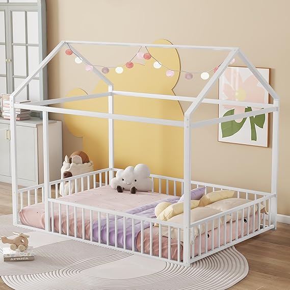 Twin Floor Bed Frame, Metal Montessori Floor Bed Twin with Fence for Boys