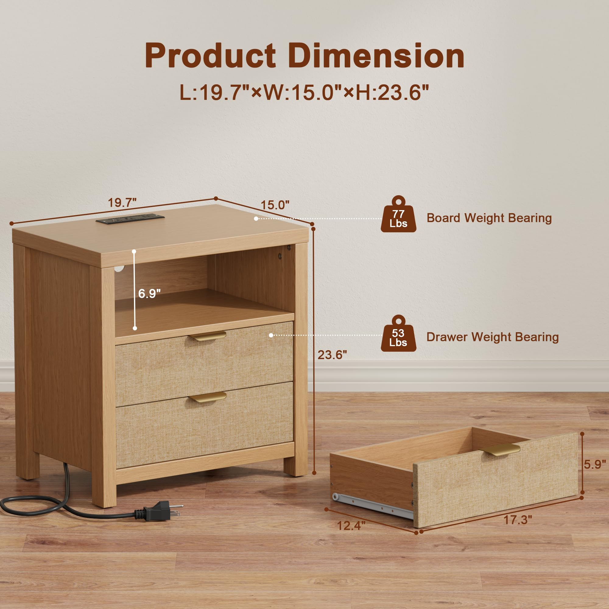 Rattan Nightstand with Charging Station and Storage Drawers